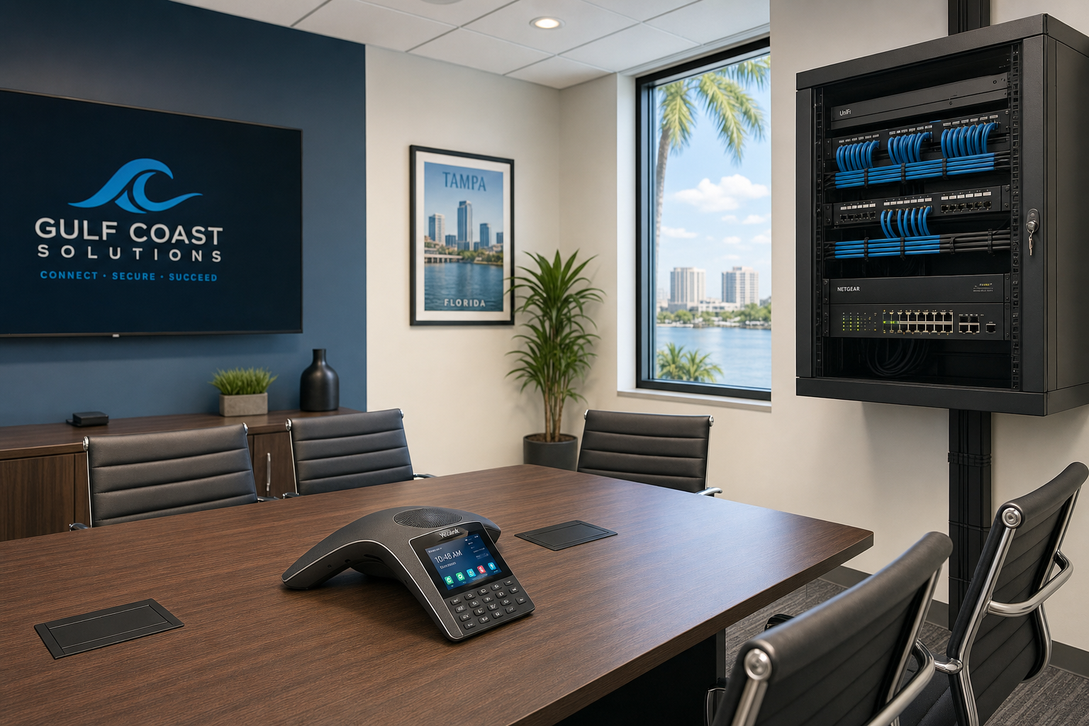 VoIP conference phone and structured cabling in a modern Florida business conference room