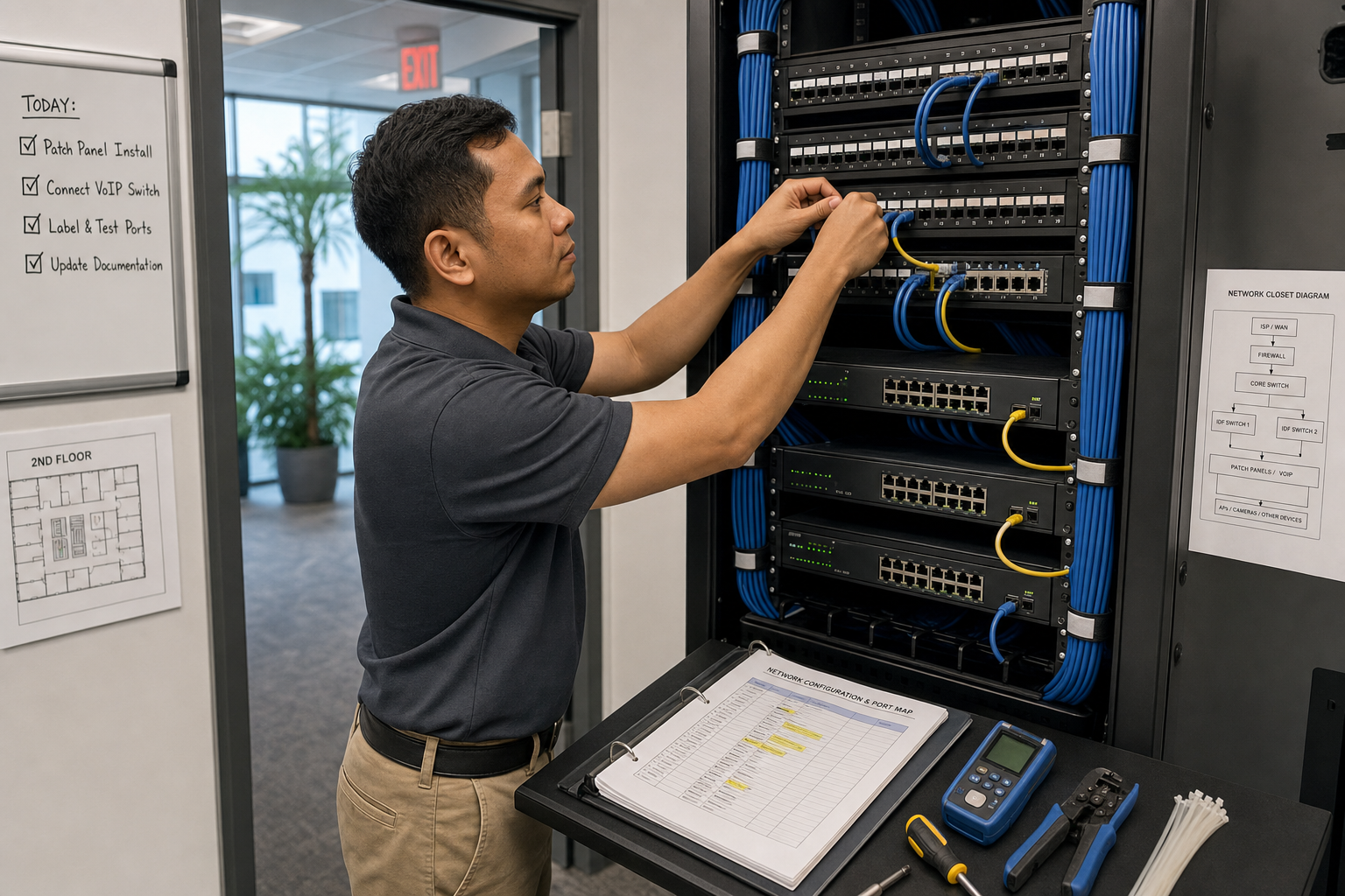 Local IT technician installing a VoIP-ready network patch panel in a Florida business office