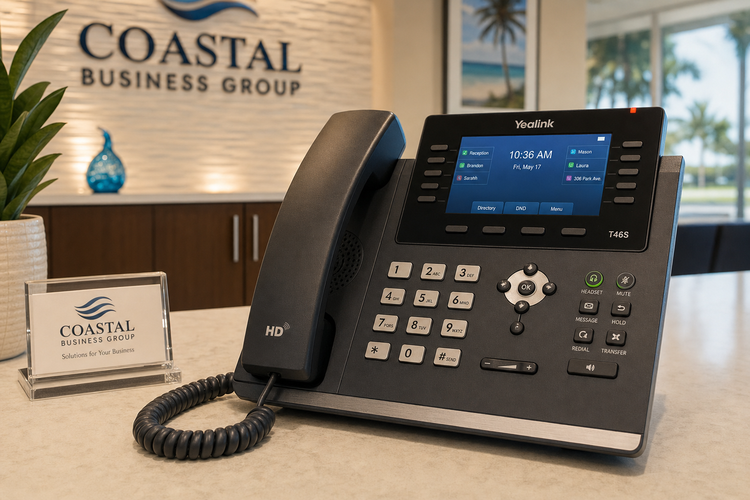 VoIP desk phone on a professional office reception desk