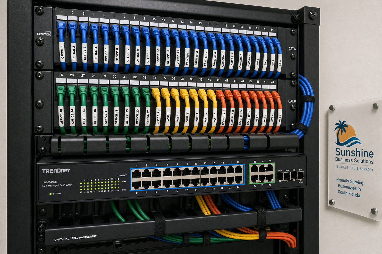 Structured cabling patch panel and managed switch in a Florida business network closet