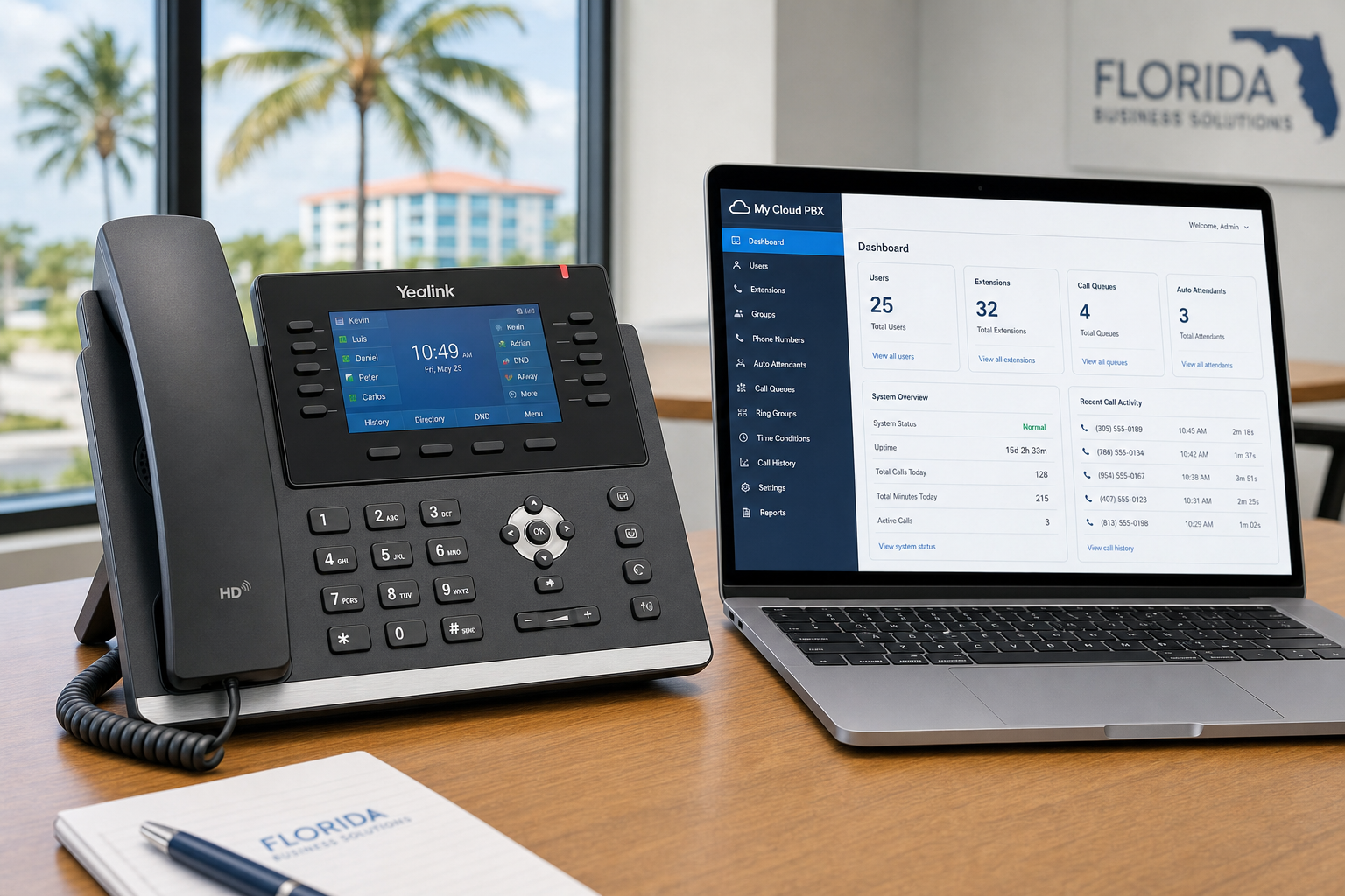 Modern VoIP desk phone on a Florida business office desk next to a laptop showing a cloud PBX dashboard
