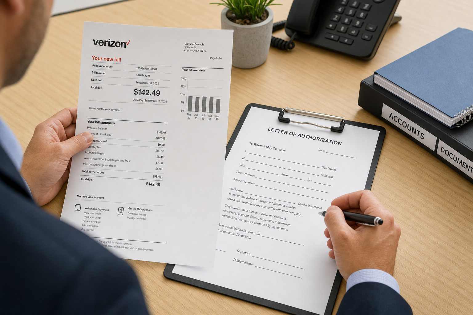 Business professional reviewing a carrier phone bill to prepare a Letter of Authorization for VoIP number porting