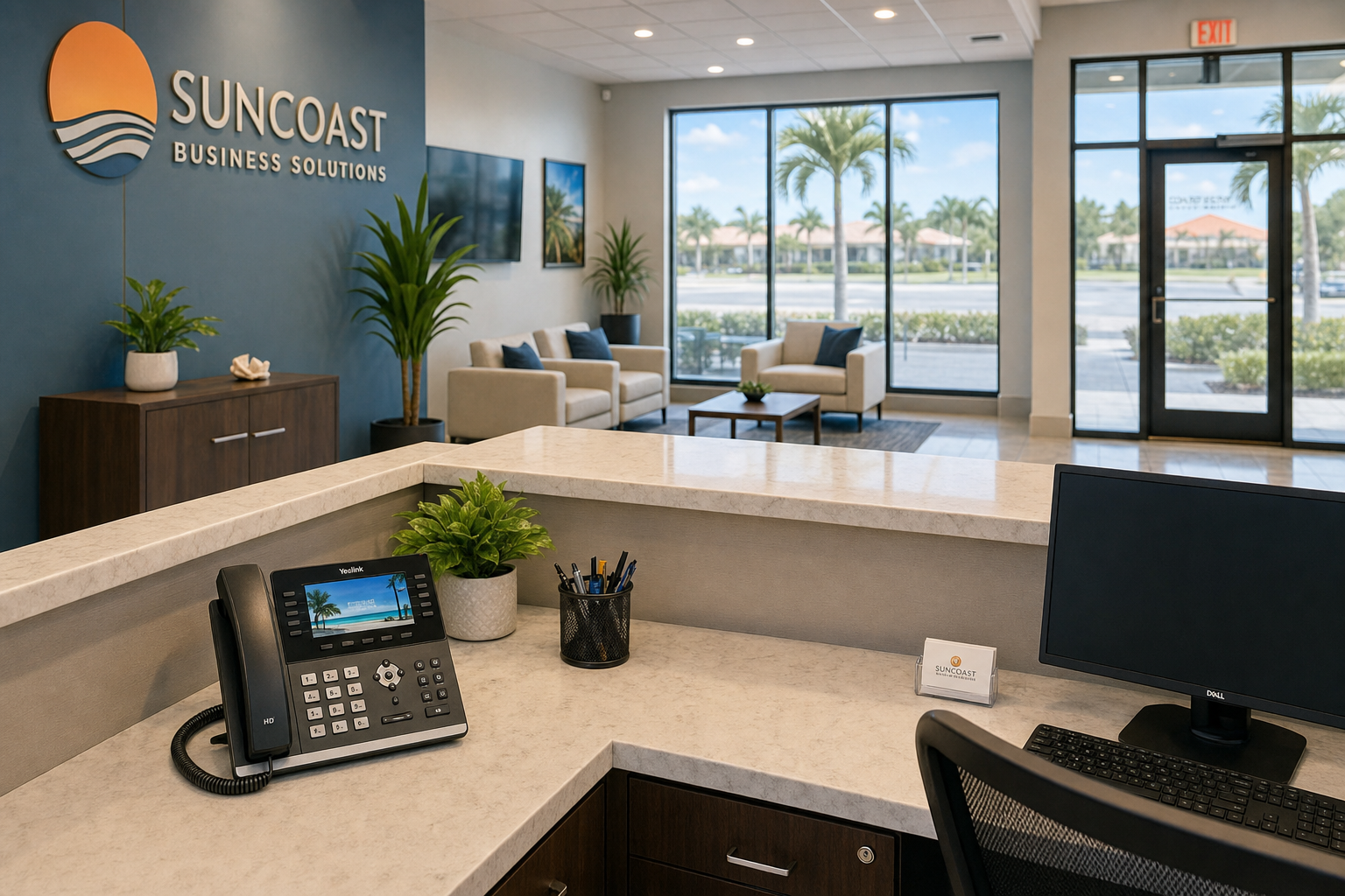 VoIP desk phone at a Florida business reception desk