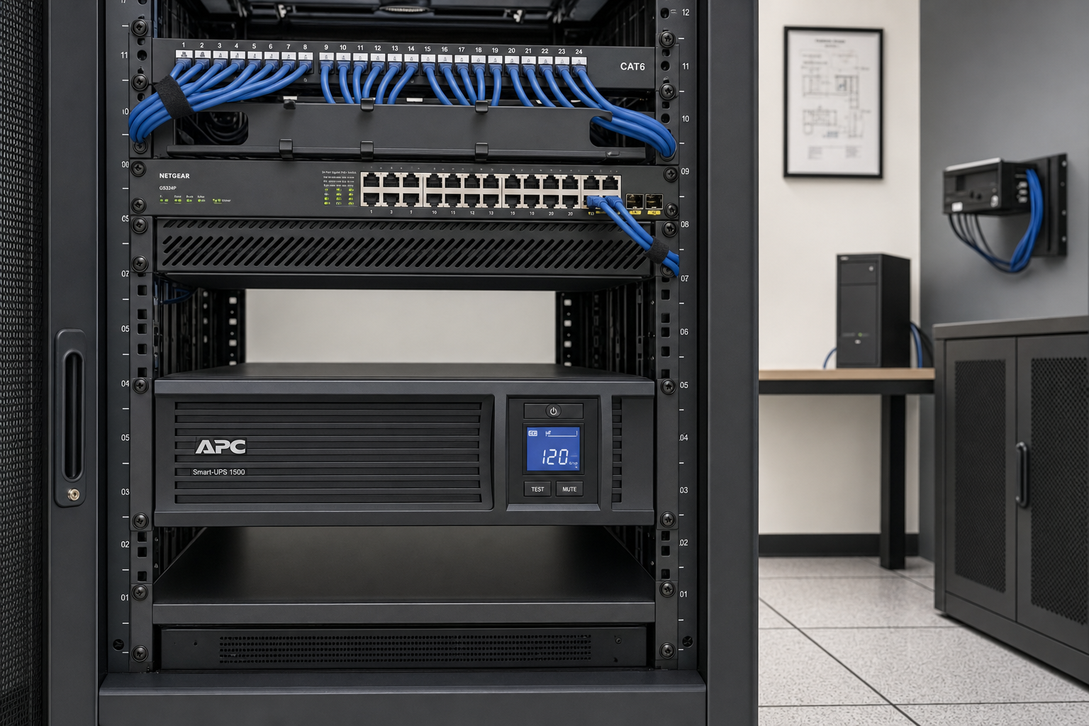 UPS battery backup protecting VoIP network equipment in a Florida business server room