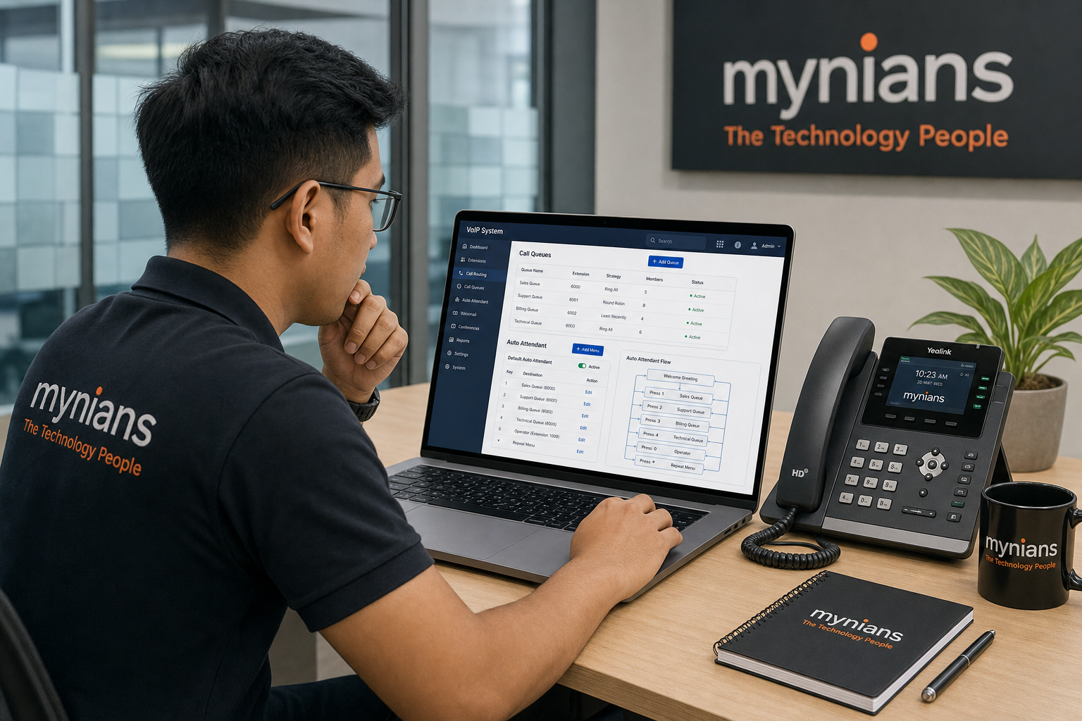 IT technician configuring VoIP call routing and auto-attendant settings post-cutover