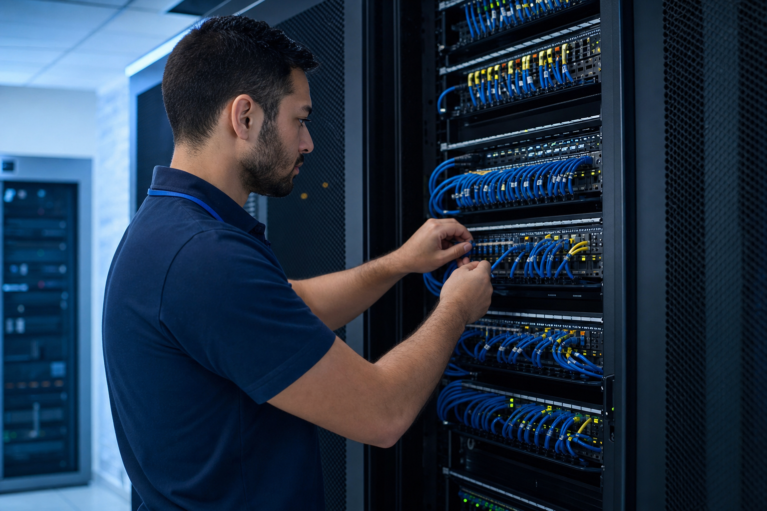 IT technician managing structured cabling and patch panels in a Florida business server room