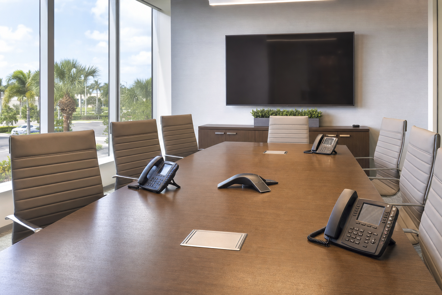 Modern Florida business conference room with VoIP speakerphone and handsets on the table