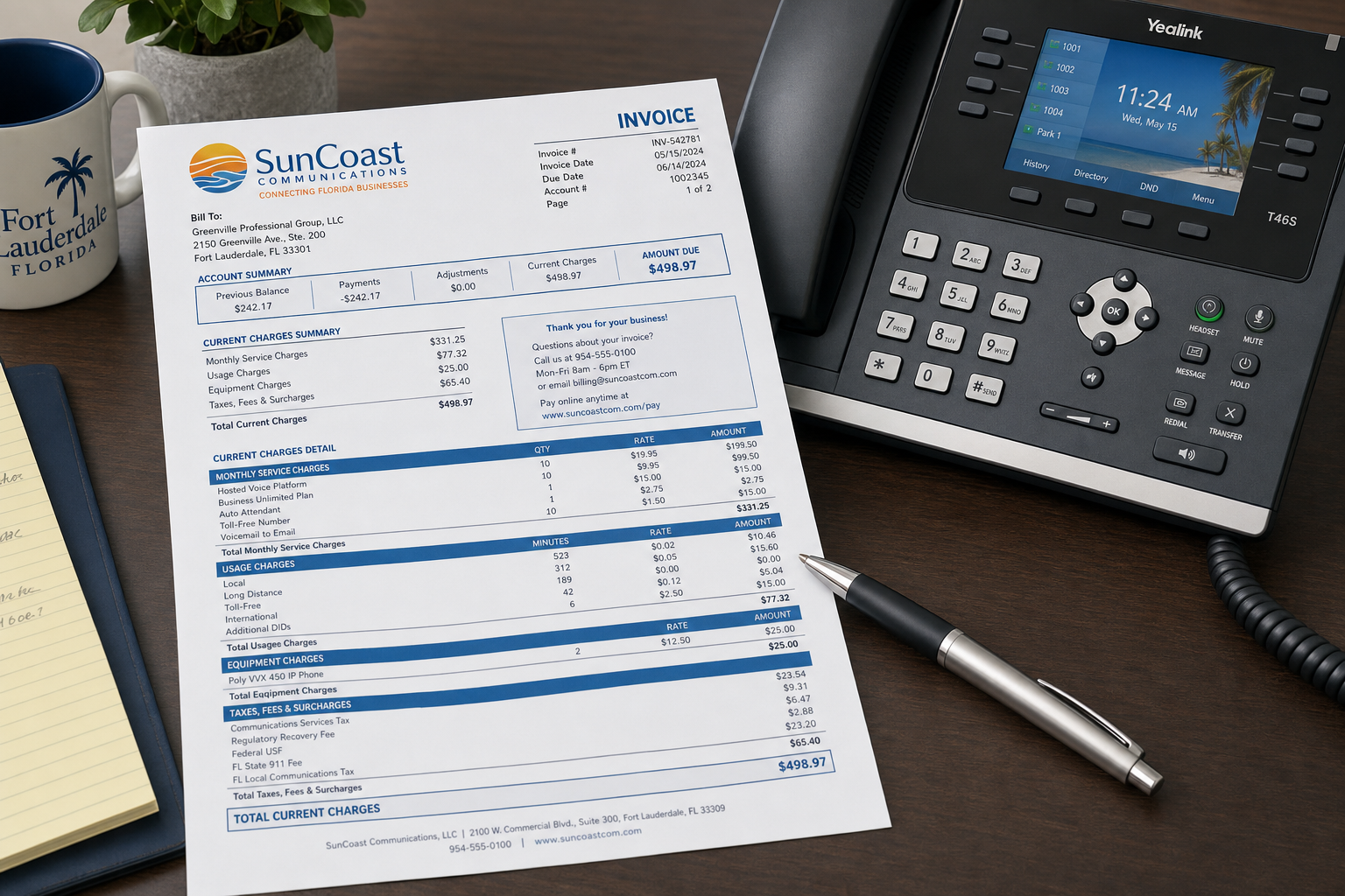 Business phone bill review on an office desk next to a VoIP desk phone