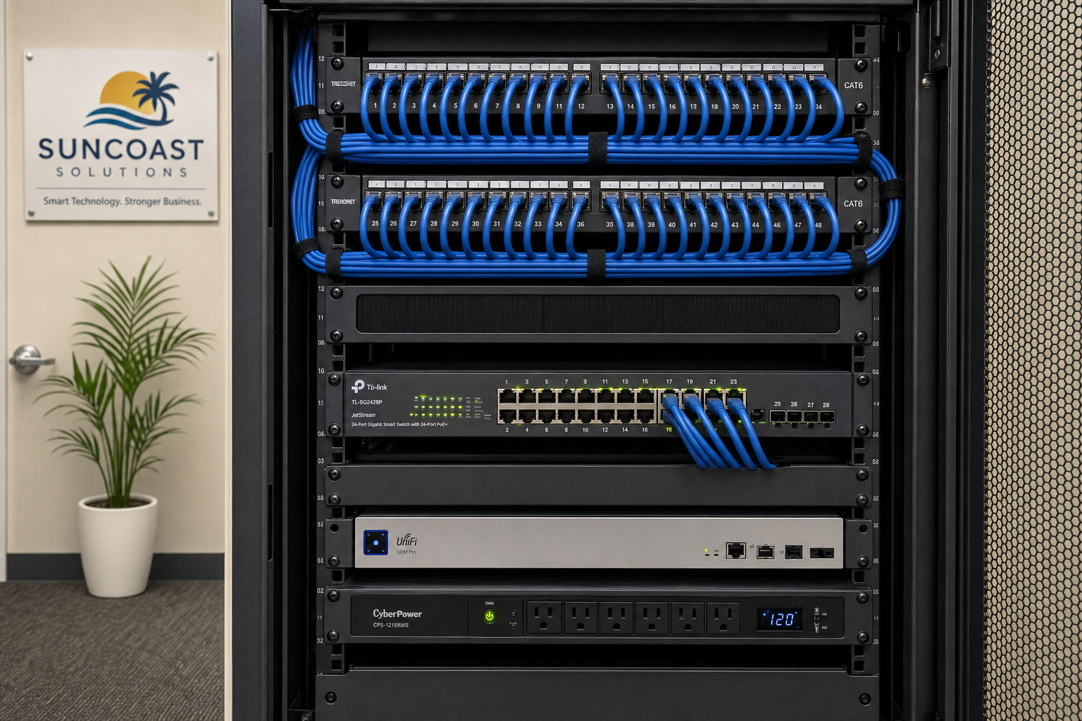 Structured cabling patch panel and managed switch in a Florida business network closet
