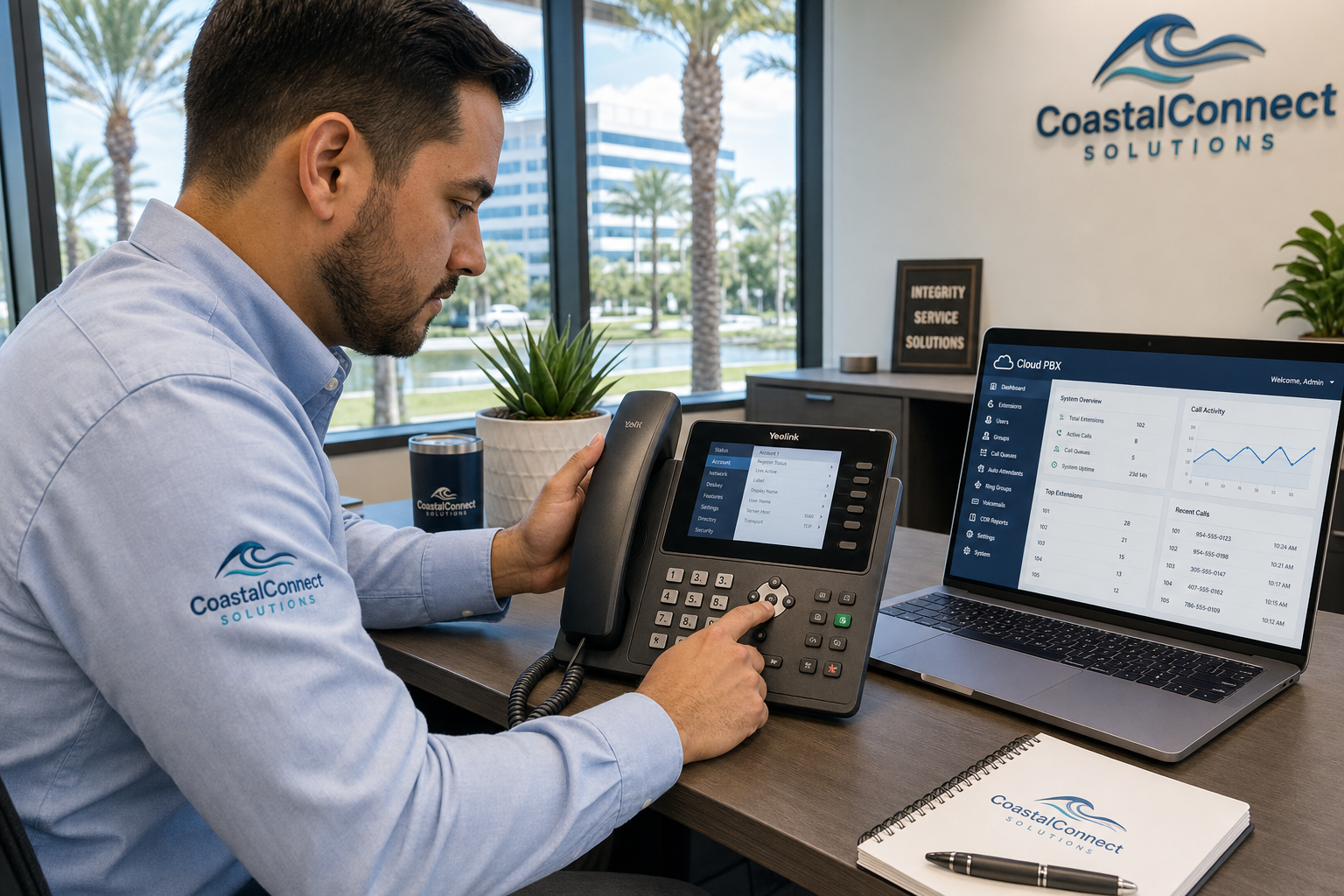 VoIP technician configuring a business phone system at a Florida office workstation