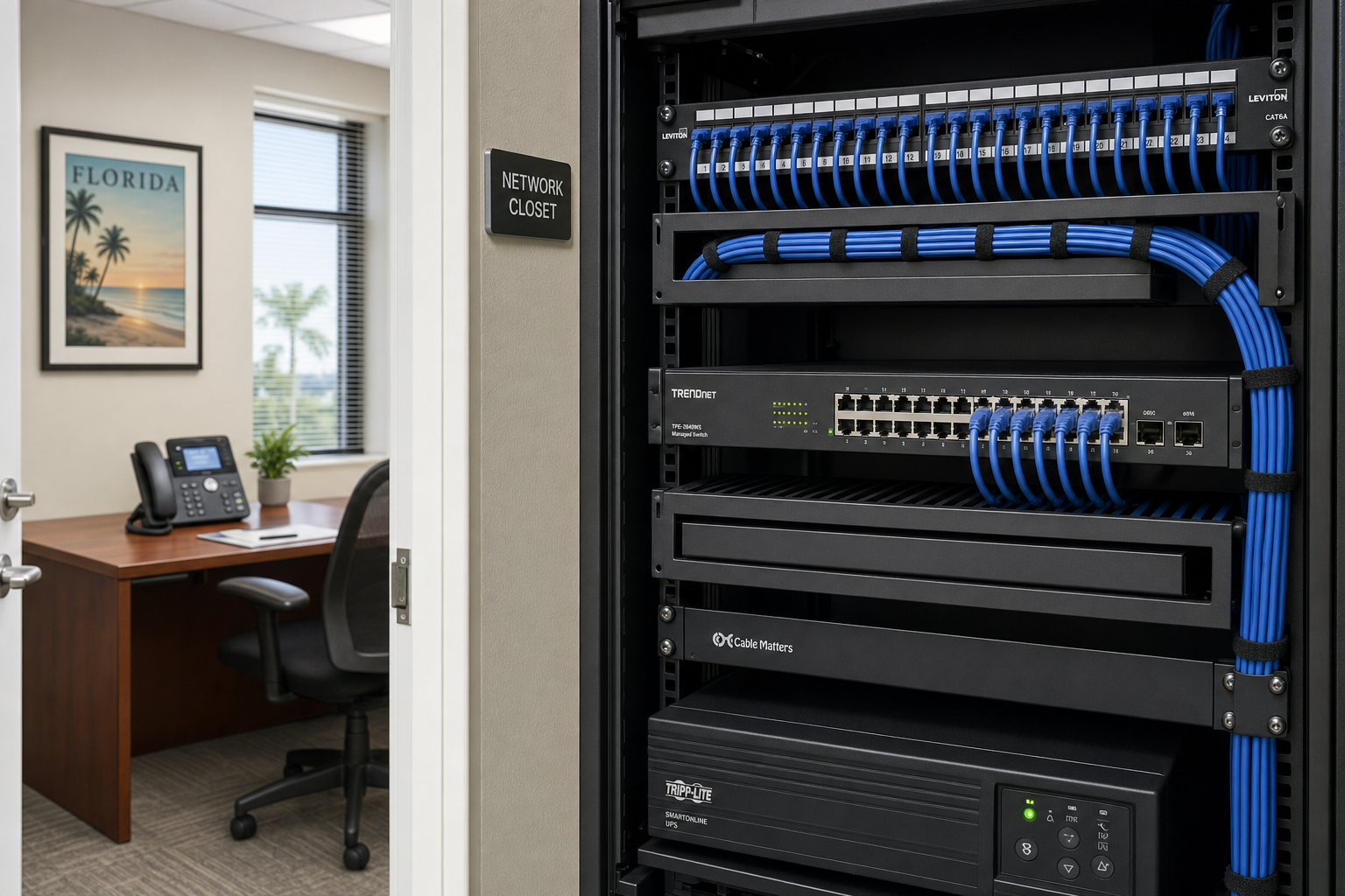Organized network closet with patch panel and managed switch supporting a Florida business VoIP phone system
