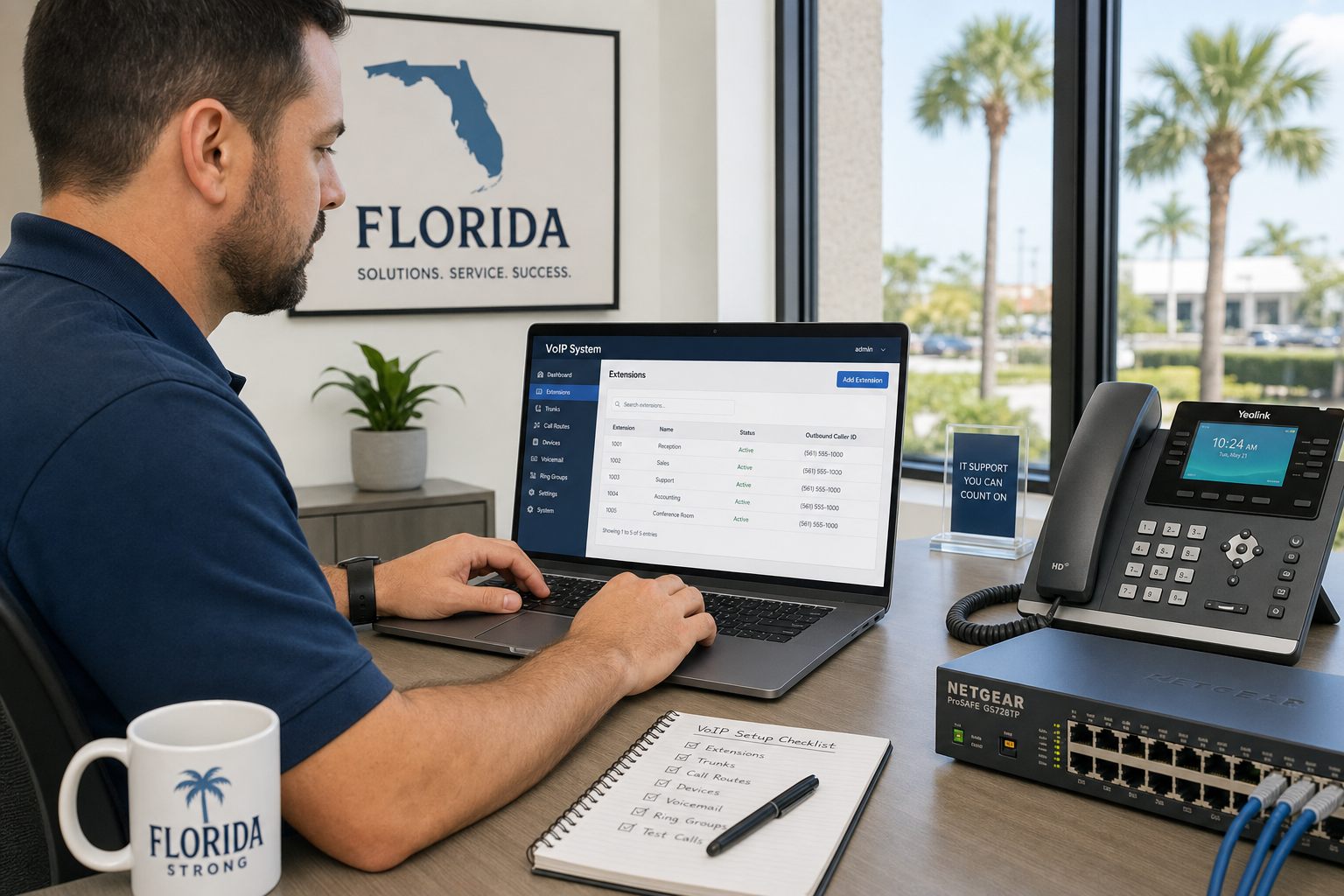 VoIP technician configuring failover routing on a business phone system in a Florida office