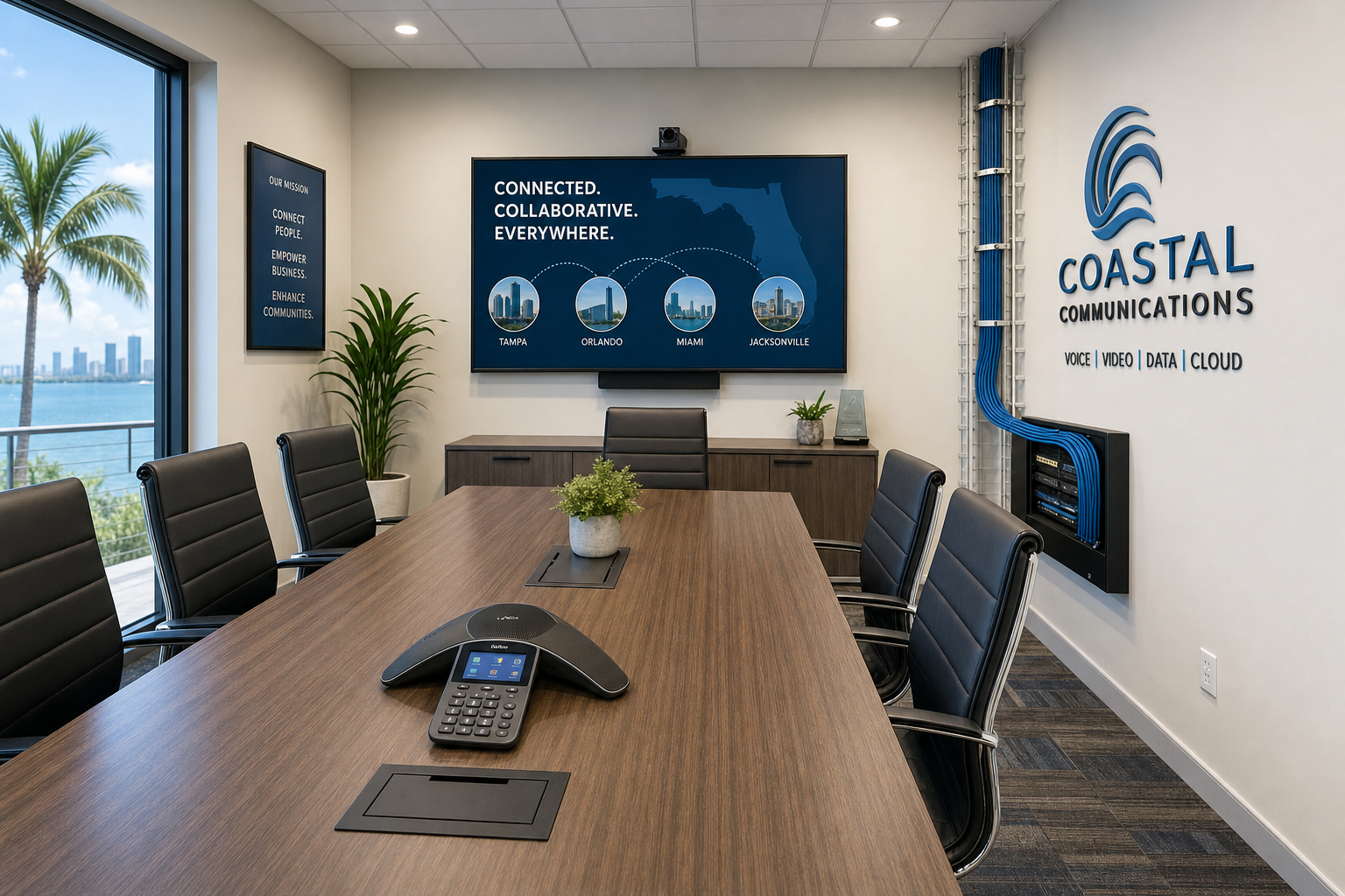 VoIP conference phone in a Florida business conference room with structured cabling for a storm-ready phone system