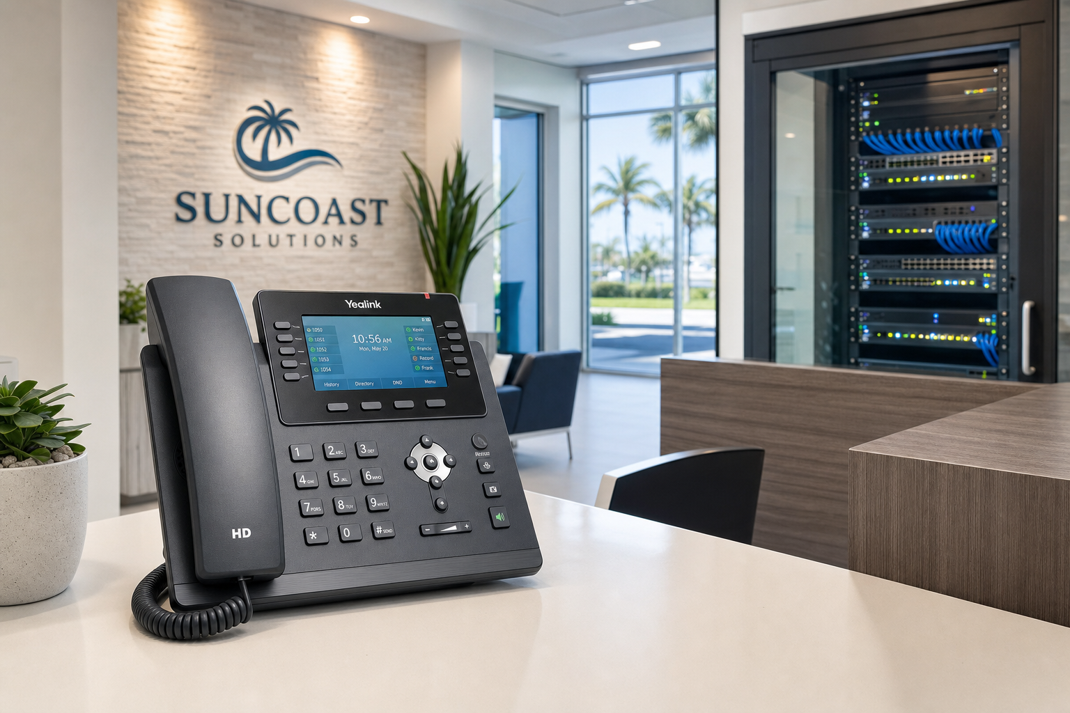 VoIP desk phone on a reception desk in a Florida business office