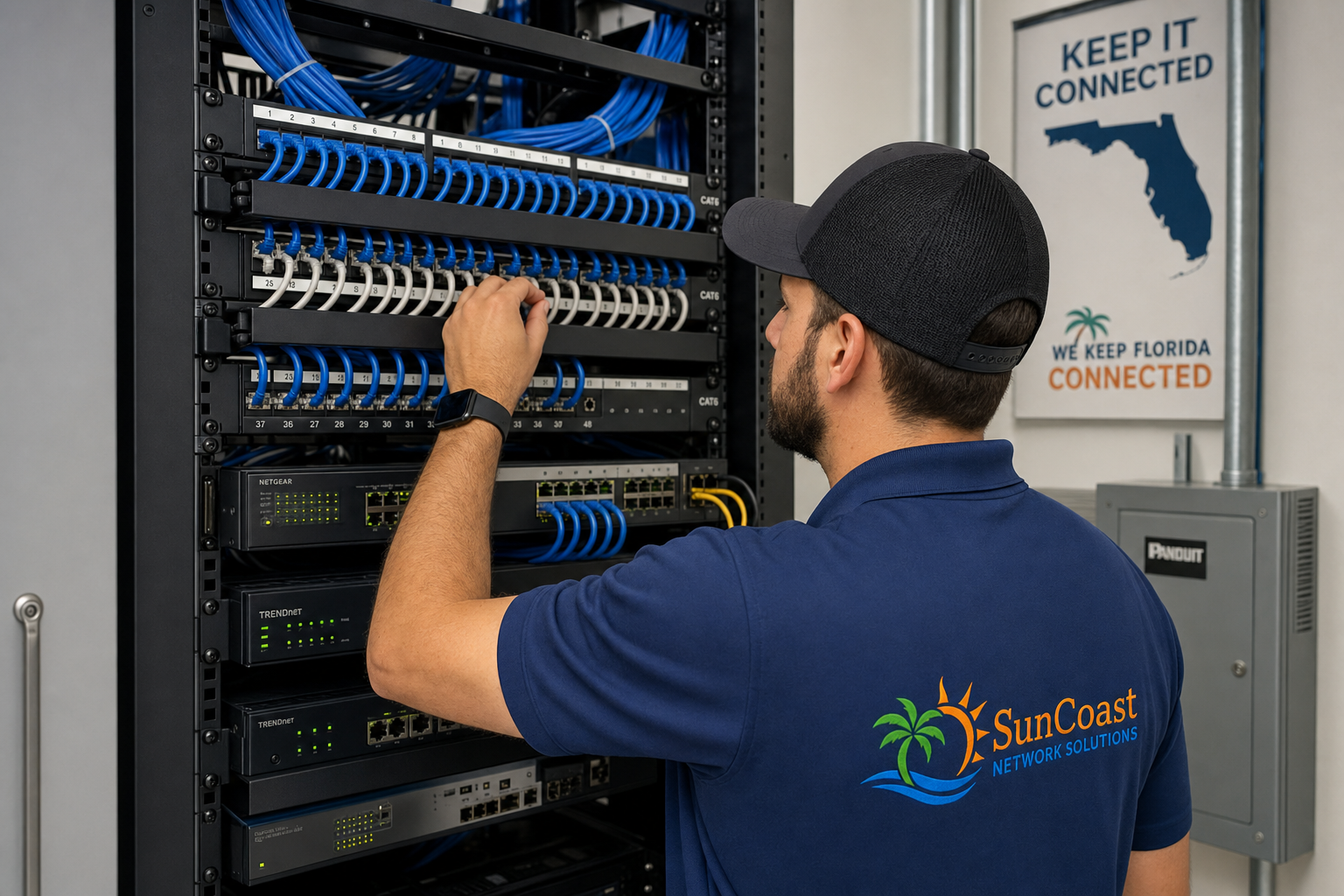 IT technician reviewing structured cabling and patch panel in a Florida office network closet