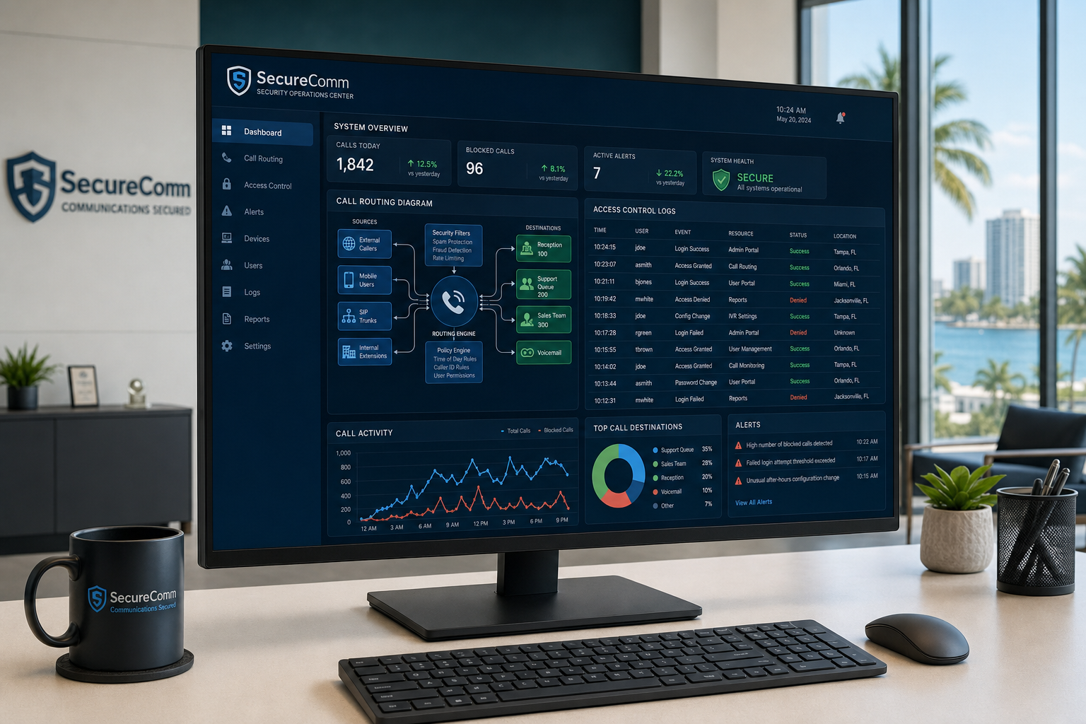 Cybersecurity and call routing monitoring dashboard in a Florida business office