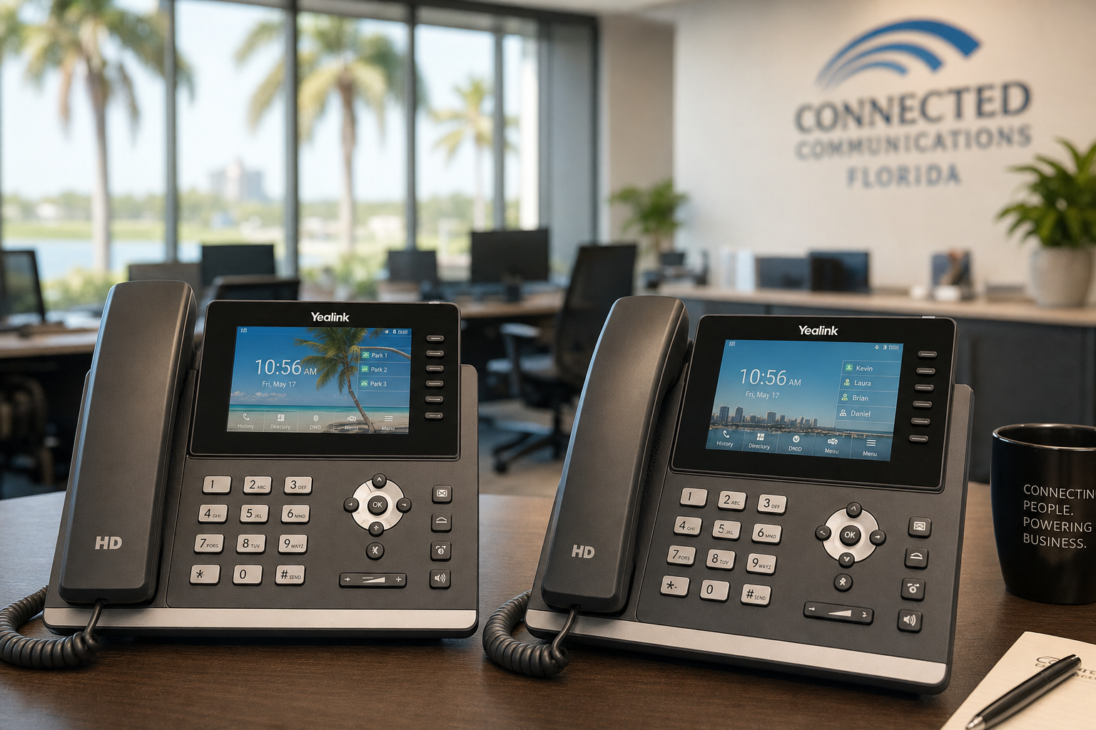 VoIP desk phones on a Florida business office desk representing call forwarding and ring group setup