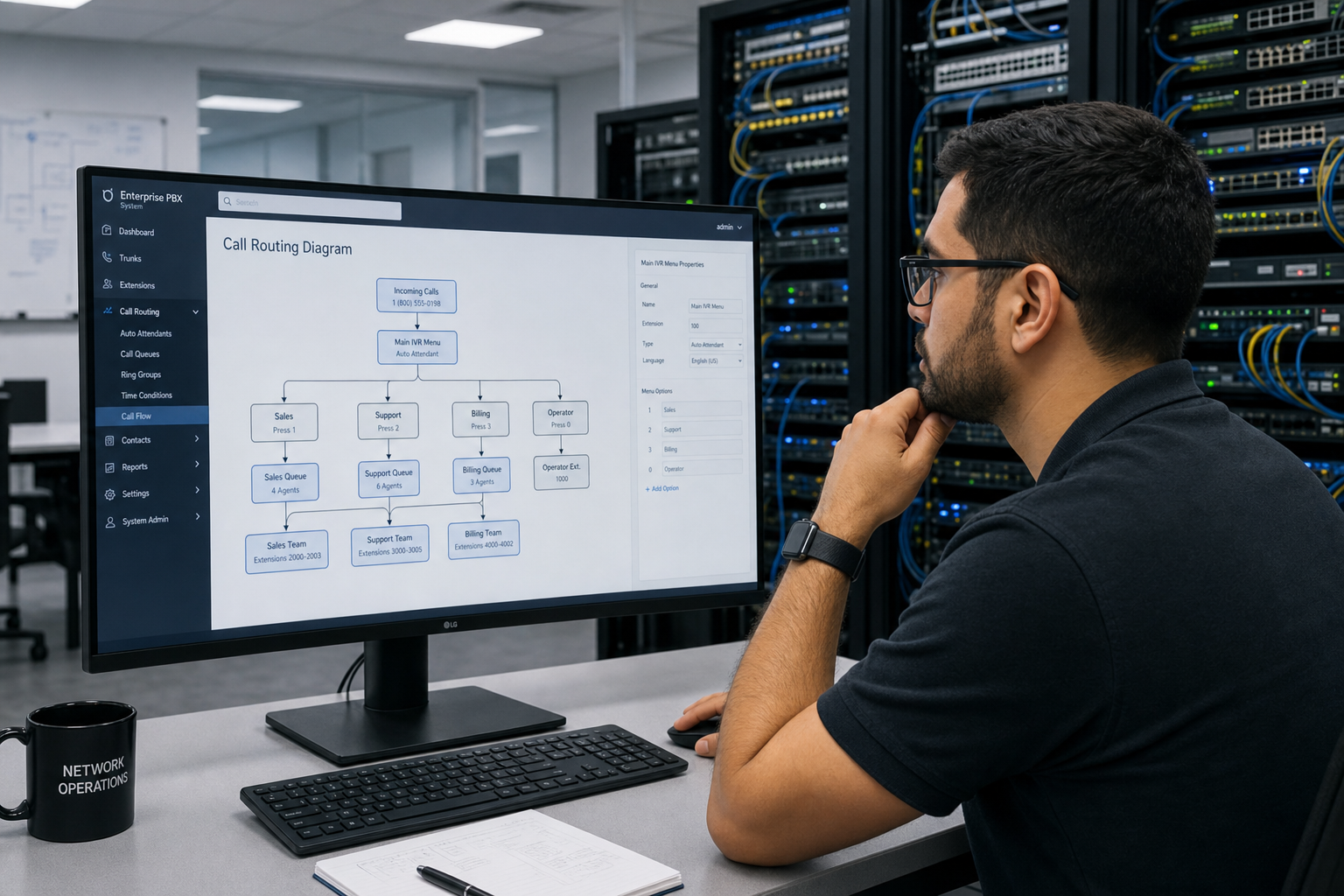 IT technician configuring VoIP ring group and hunt group call routing on a cloud PBX system