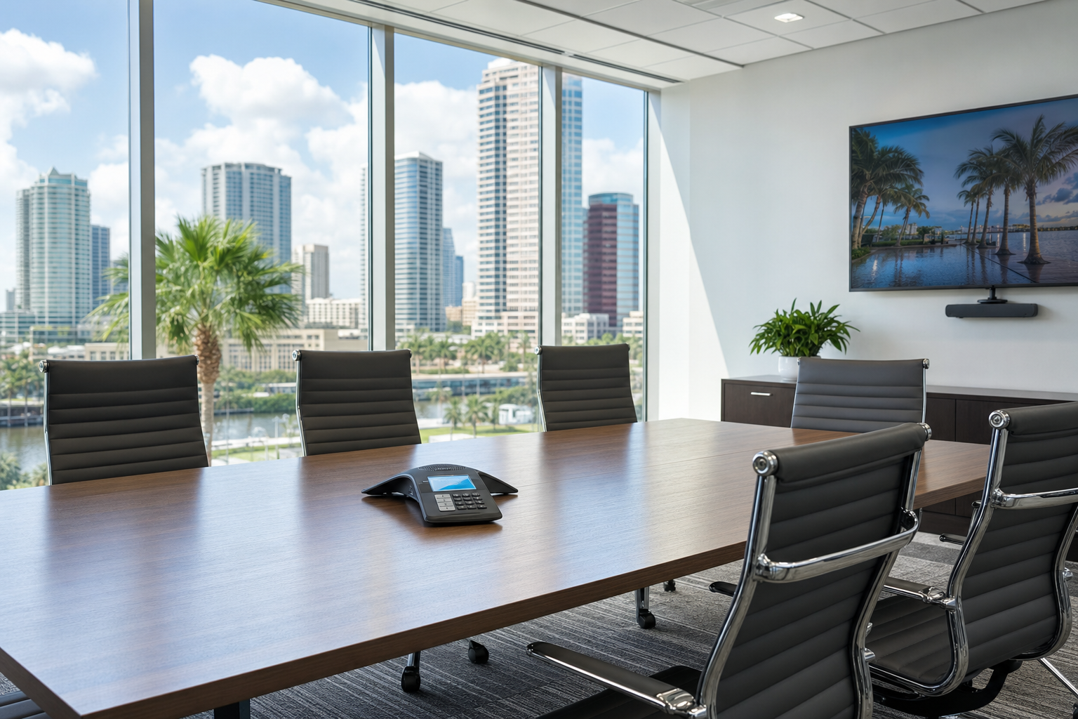 Florida office conference room with VoIP conference phone for multi-location business call distribution