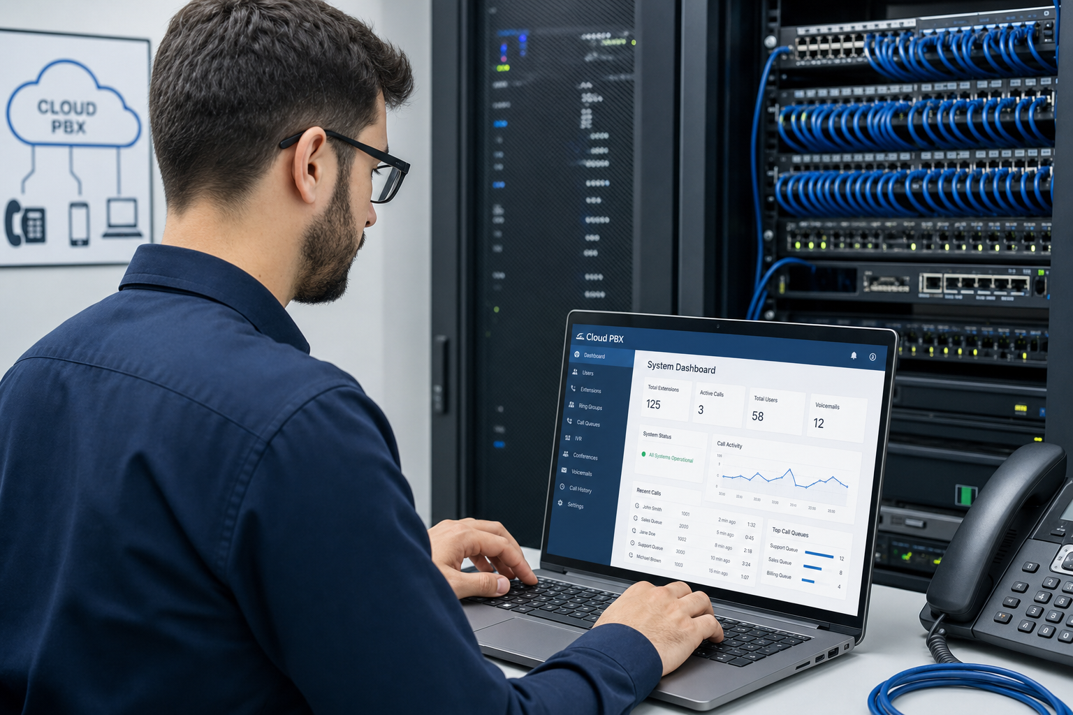 IT technician configuring a cloud PBX phone system