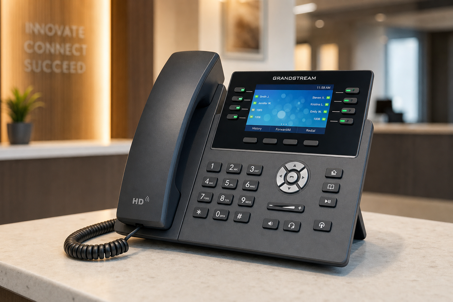 VoIP desk phone at a medical office reception desk for HIPAA-safe call handling