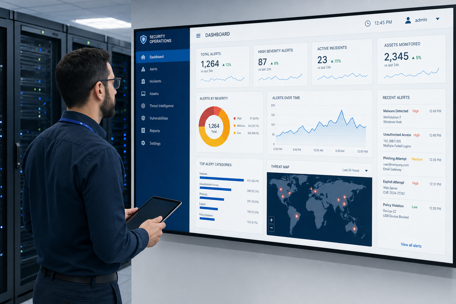 IT technician reviewing VoIP access control settings on a compliance monitoring dashboard