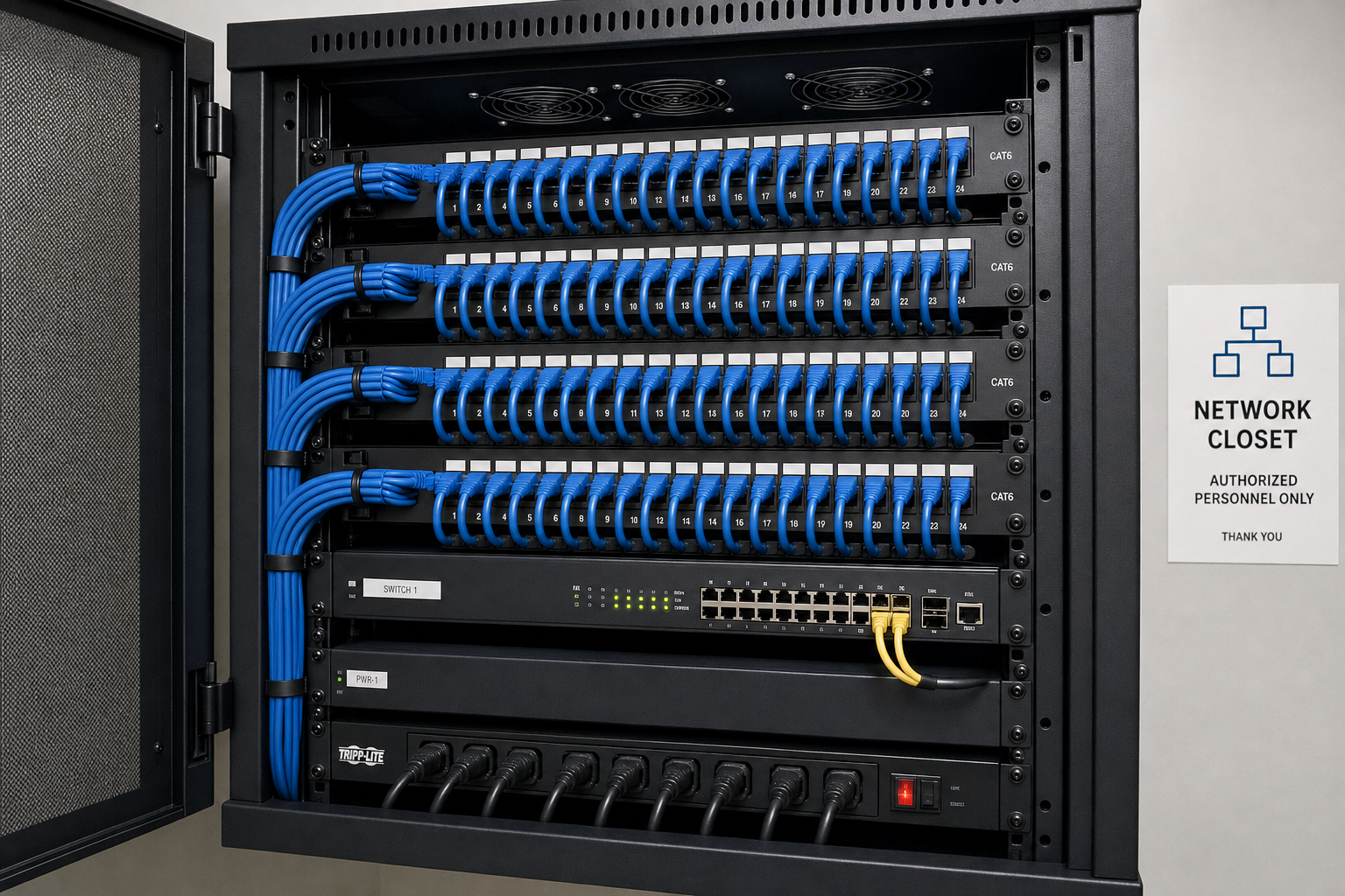 Organized network cabling in a Florida medical office supporting a compliant hosted VoIP phone system