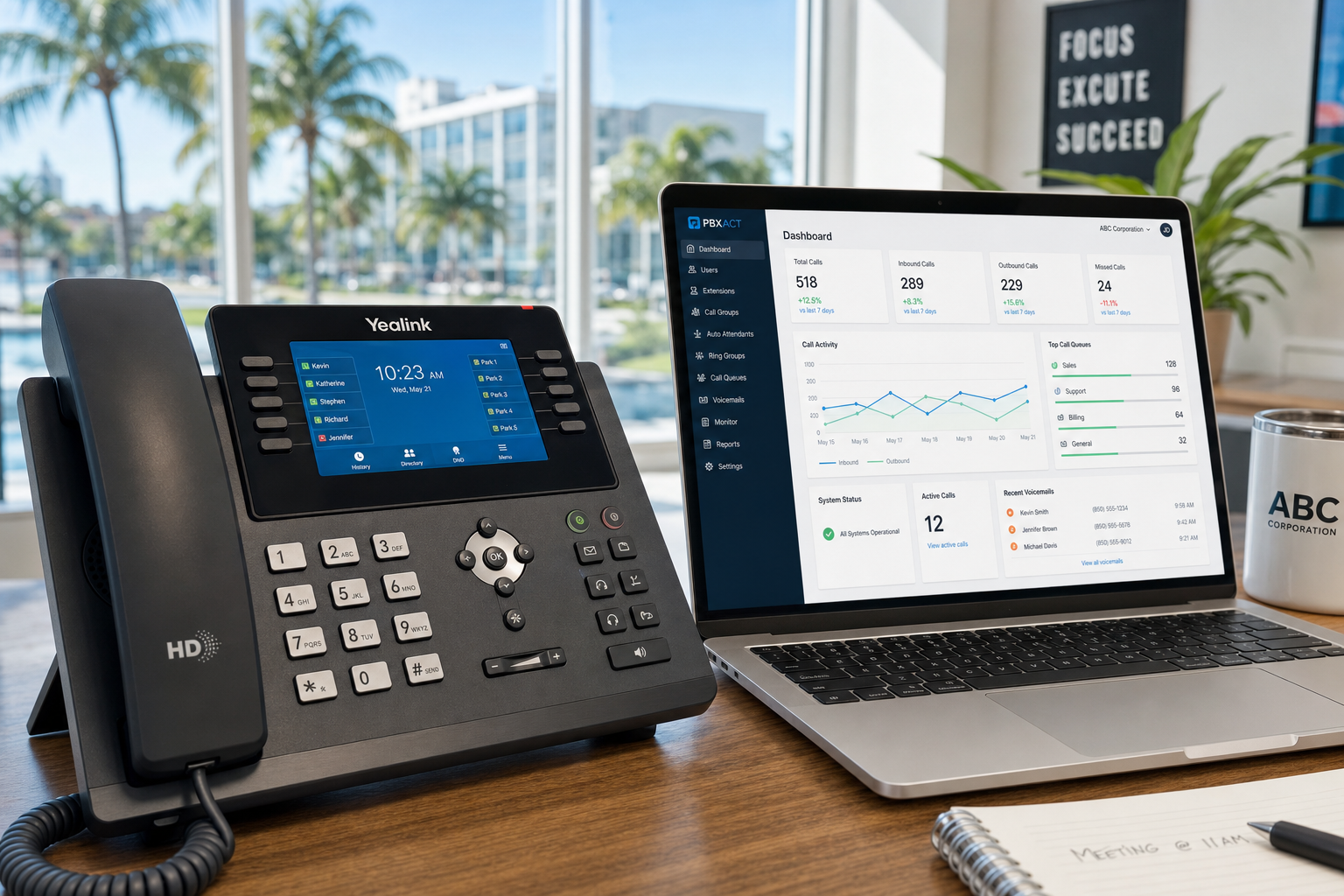 VoIP desk phone and business phone system dashboard on an office desk in a Florida professional service office