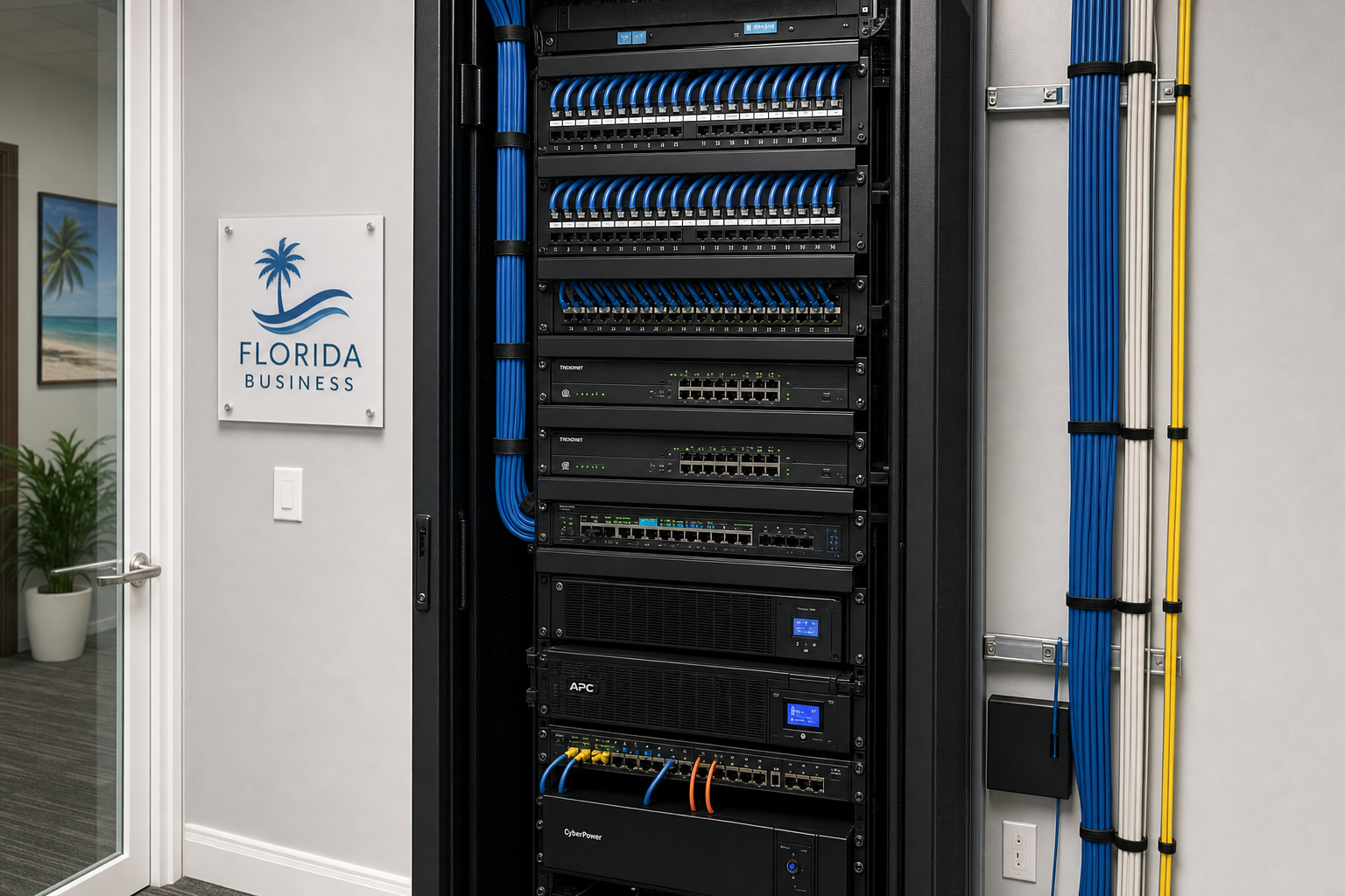 Structured cabling and network equipment in a Florida business office