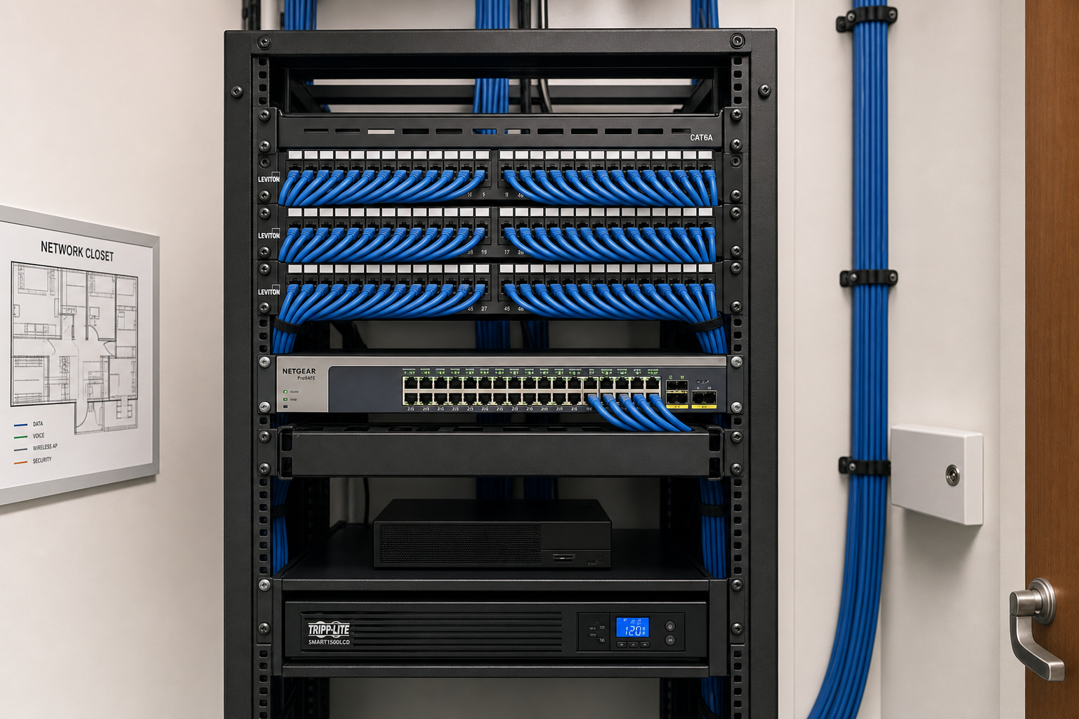 Structured cabling and patch panel in a commercial office network closet supporting a business VoIP phone system