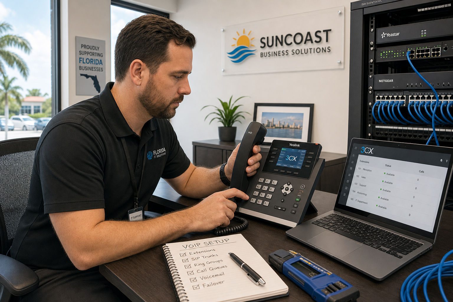 Local IT technician configuring a business VoIP phone system on-site at a Florida professional service office