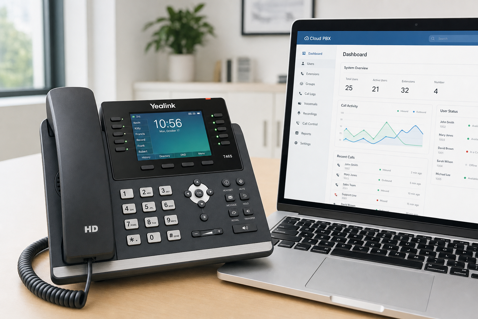 VoIP desk phone and cloud PBX dashboard on a small business office desk in Florida