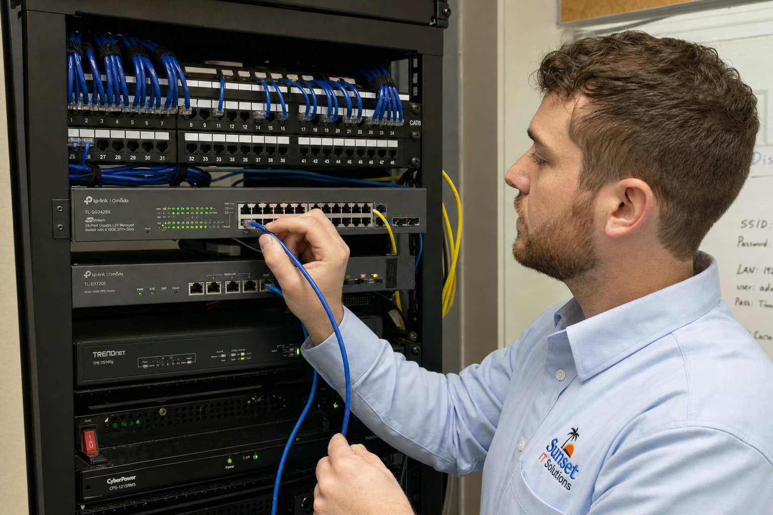 IT technician configuring a managed network switch and structured cabling in a Florida small business office