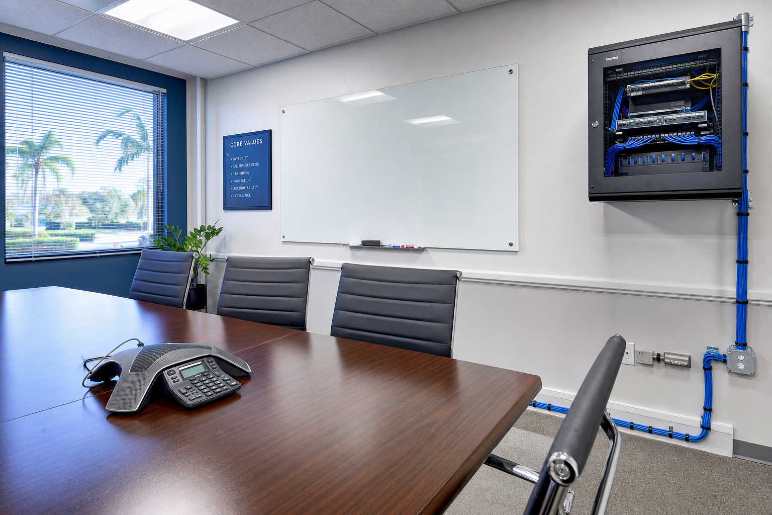 VoIP conference phone in a modern Florida small business conference room with structured cabling