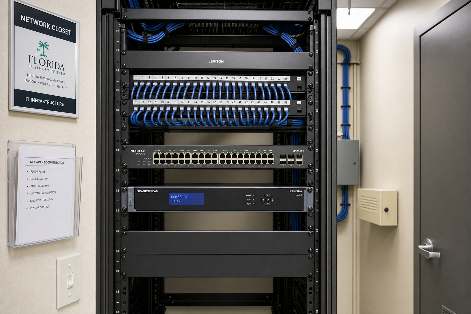 Organized network closet with patch panel and managed switch for a Florida business VoIP installation