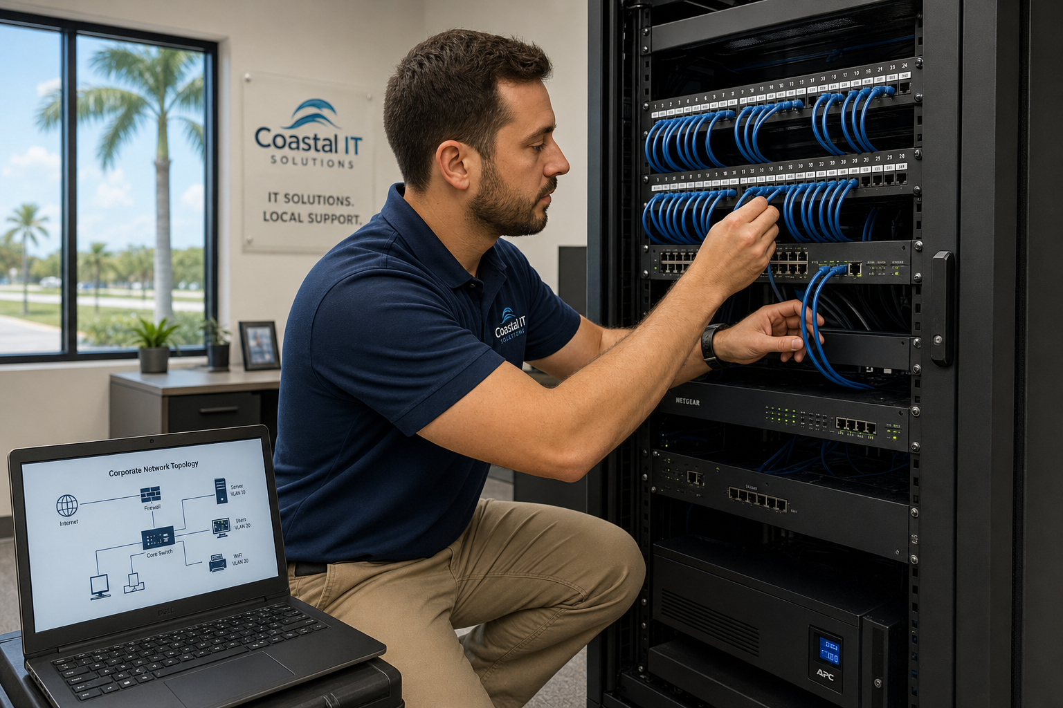 Local IT technician installing VoIP network infrastructure in a Florida business office