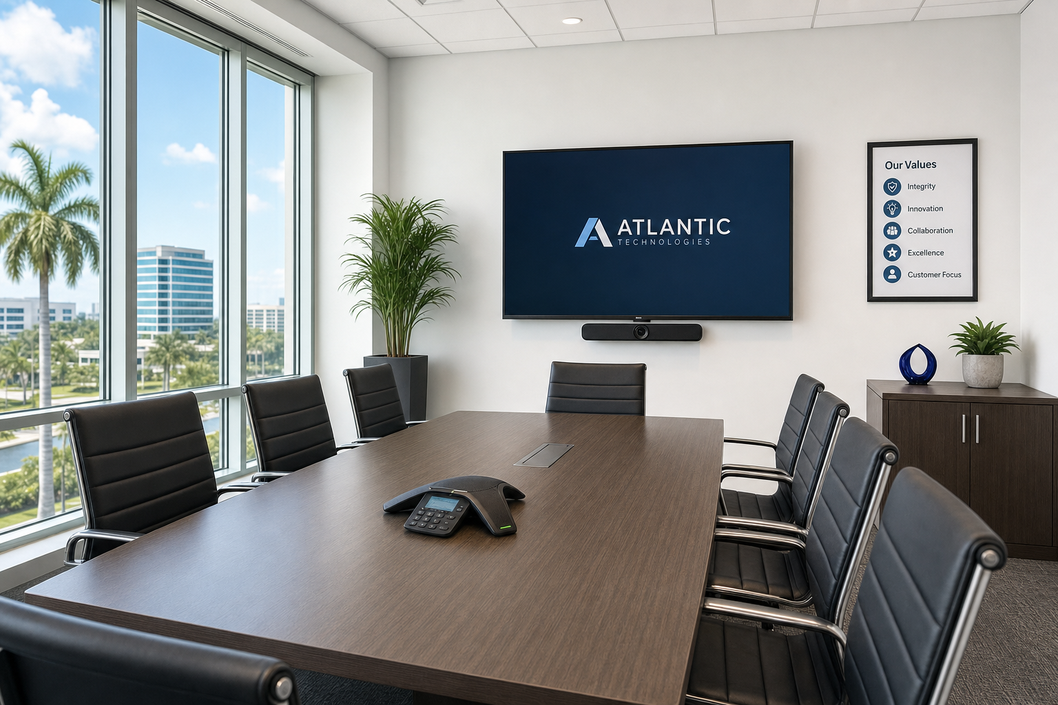 VoIP conference phone on a conference room table in a Florida business office