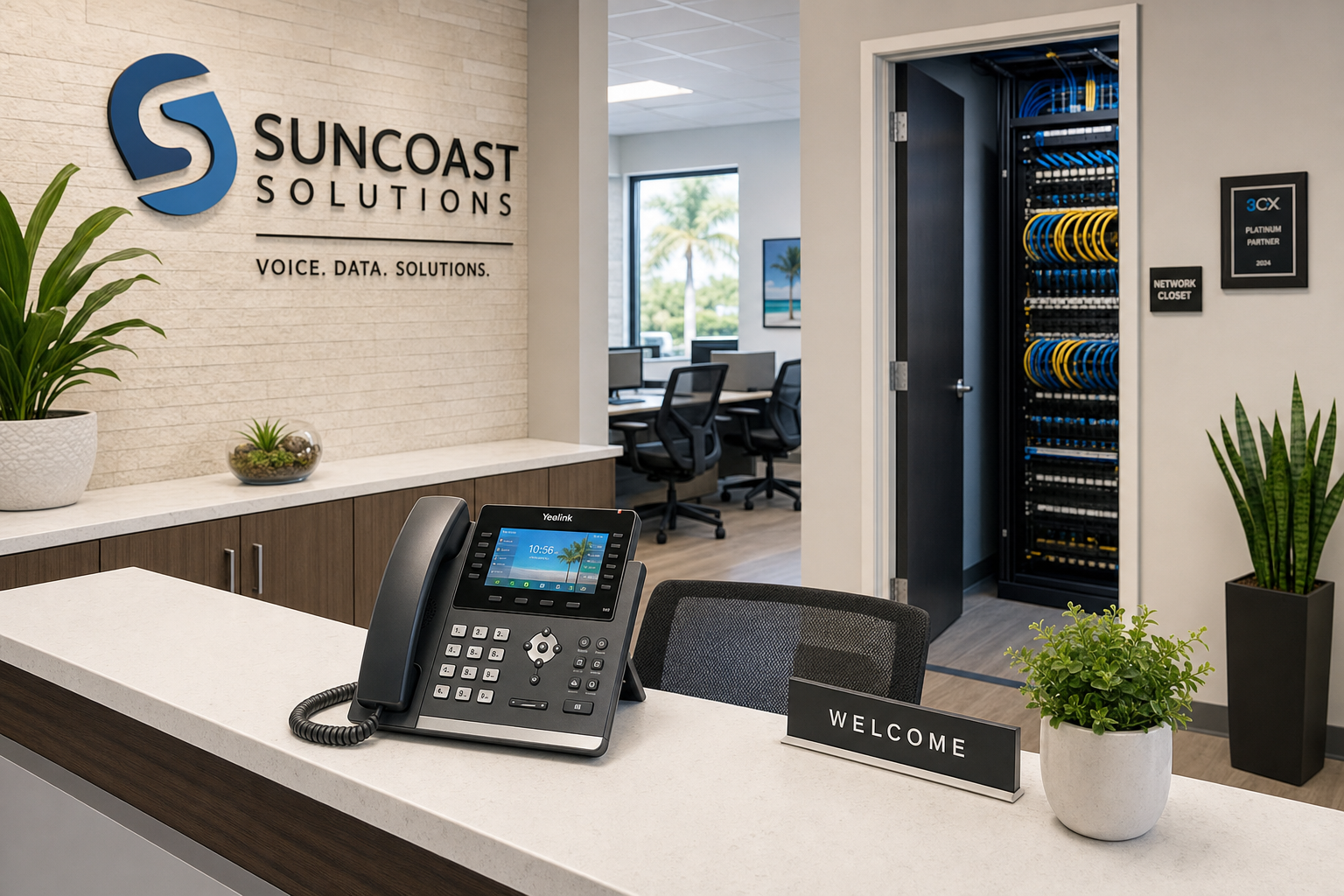 VoIP desk phone on a Florida business office reception desk with structured cabling in the background