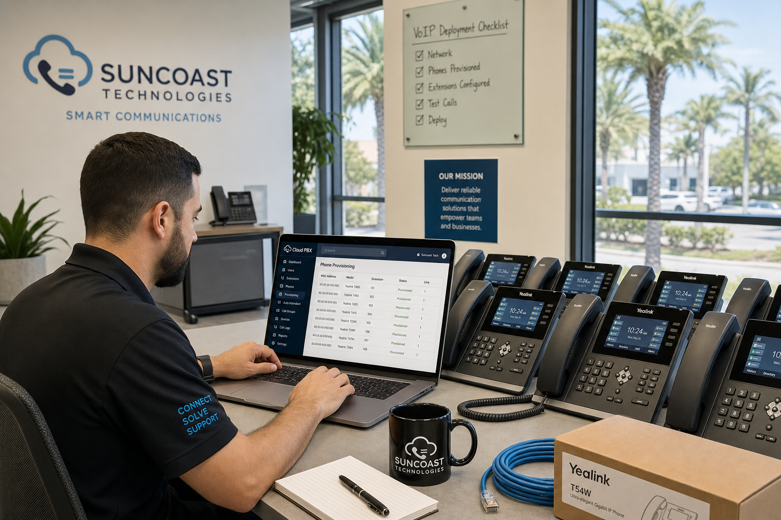 IT technician provisioning VoIP desk phones using a cloud PBX dashboard before Florida business installation
