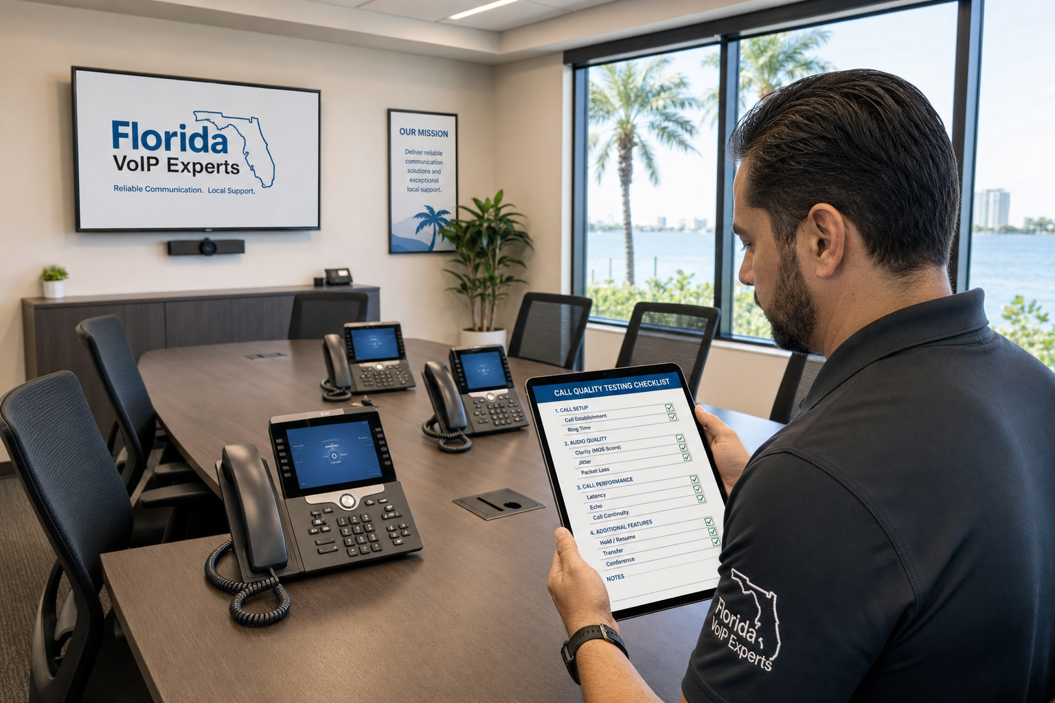 VoIP technician running first-day call quality testing in a Florida business conference room