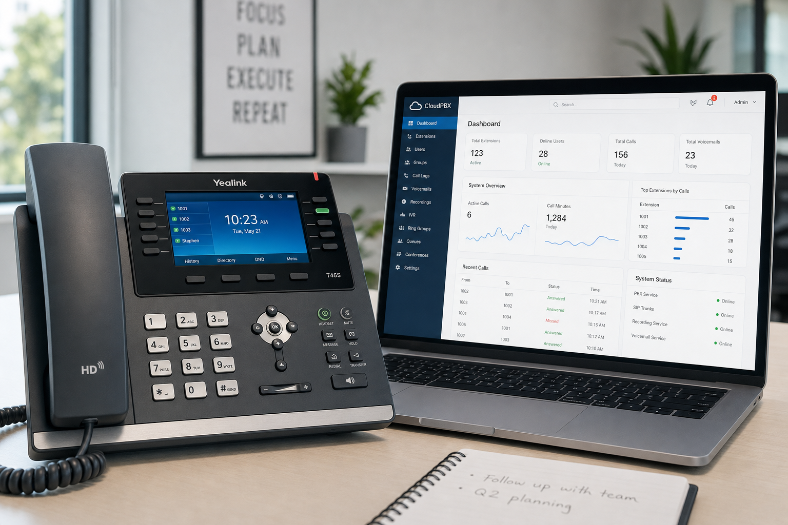 VoIP desk phone and cloud PBX portal on a Florida business office desk