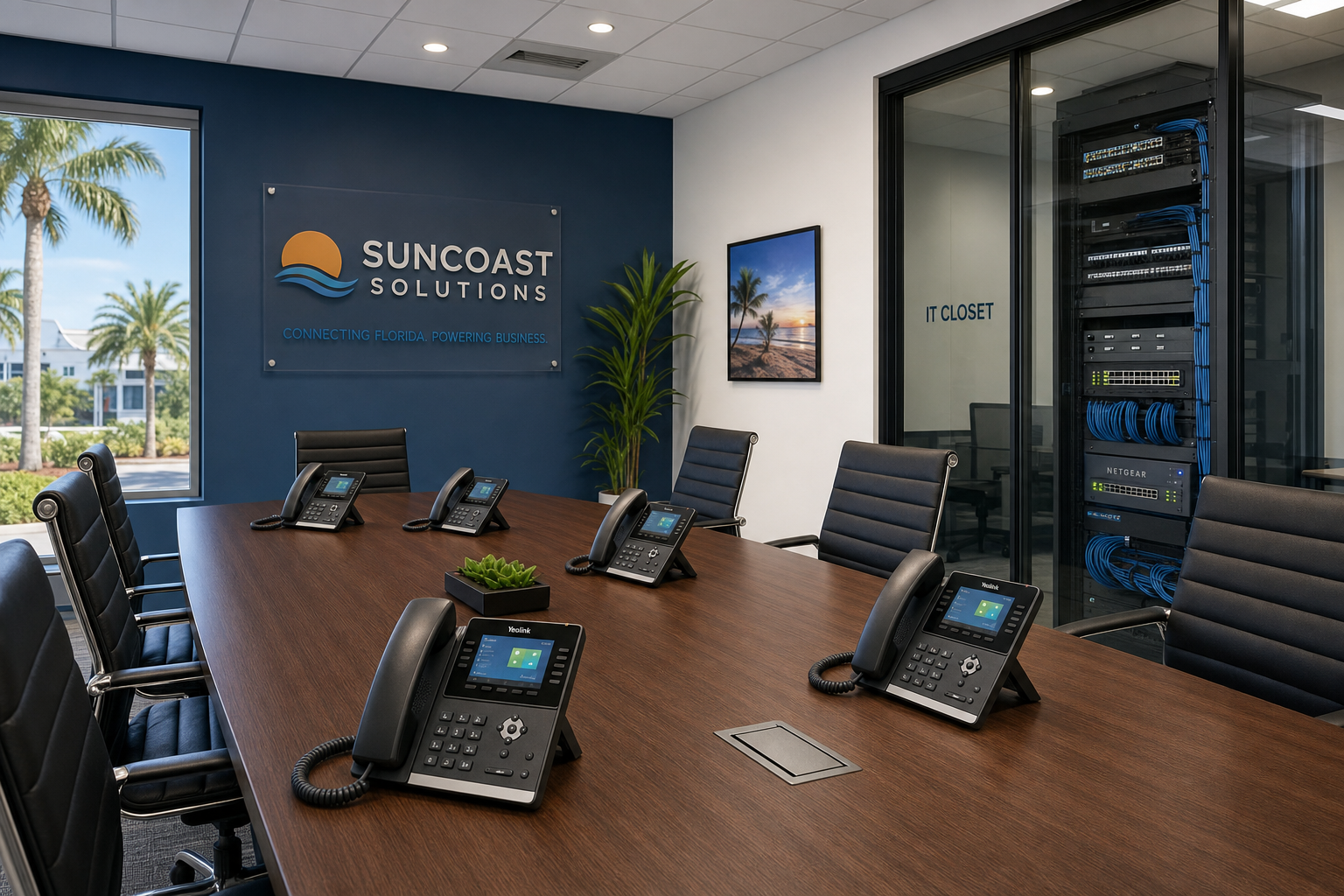 VoIP phones in a Florida business conference room with network equipment visible