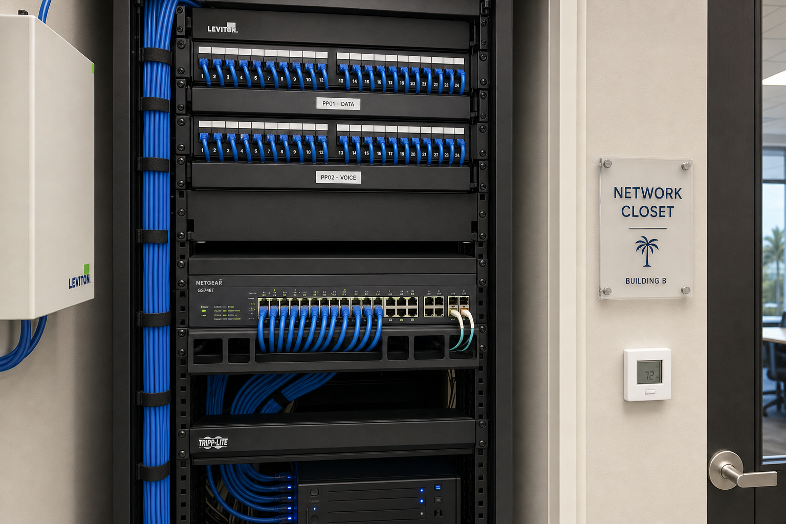 Structured cabling and managed switch in a Florida business network closet