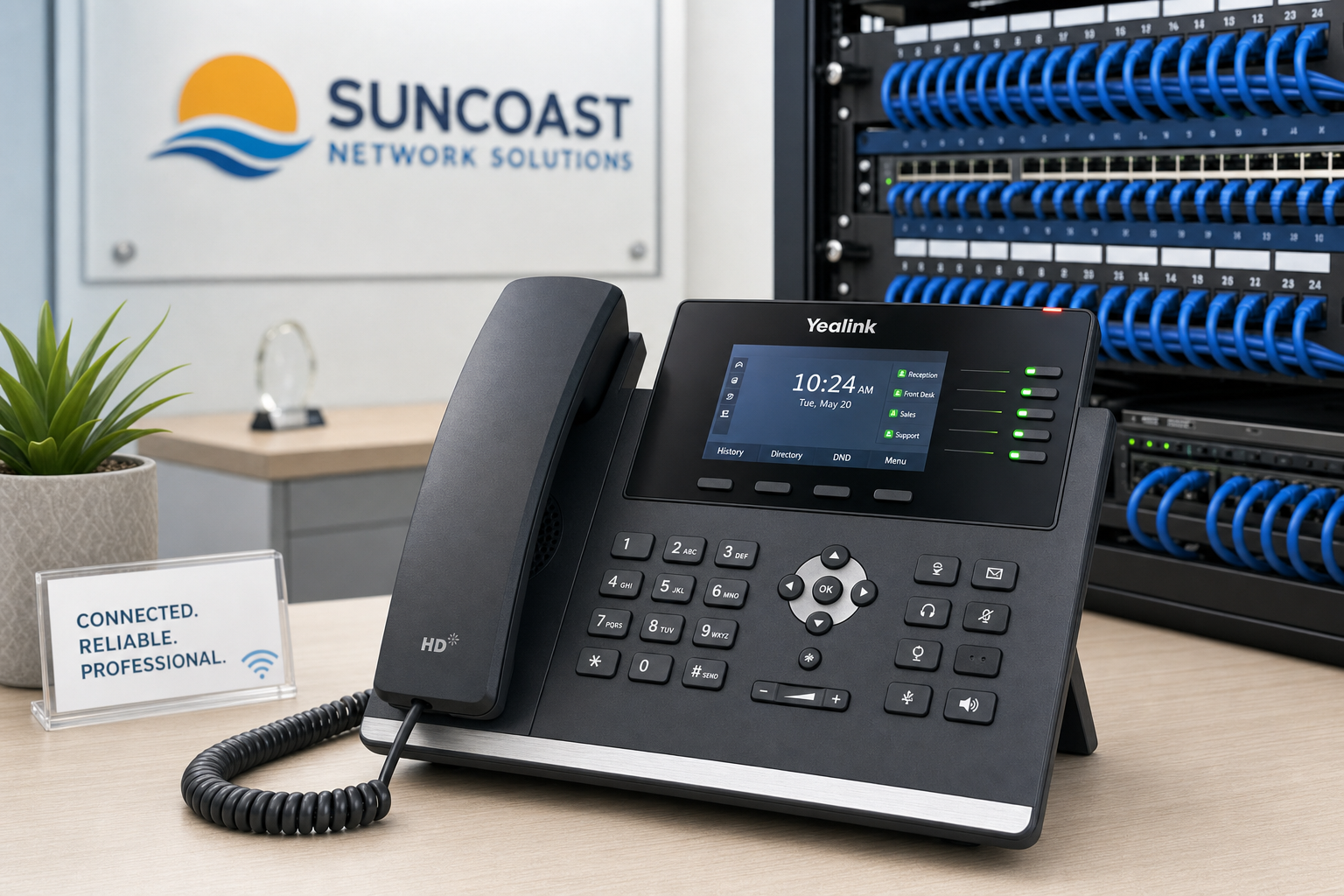VoIP desk phone at a Florida therapy practice reception desk with structured cabling in the background
