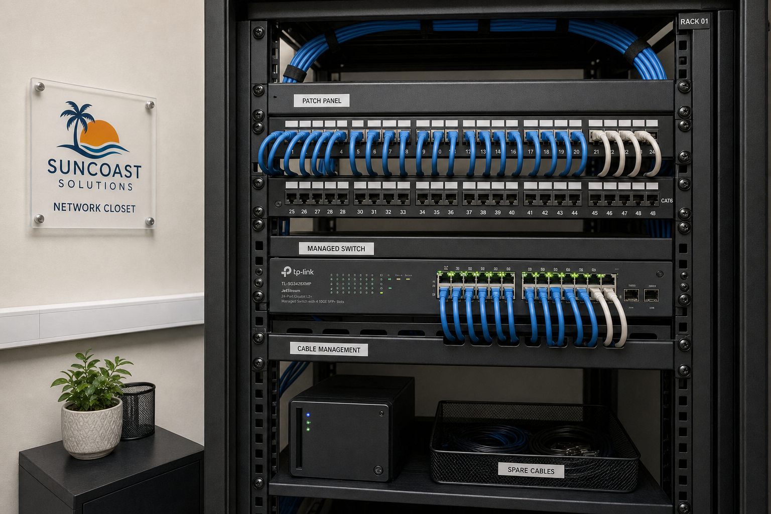 Organized network closet with managed switch and patch panel supporting a HIPAA-aware VoIP system