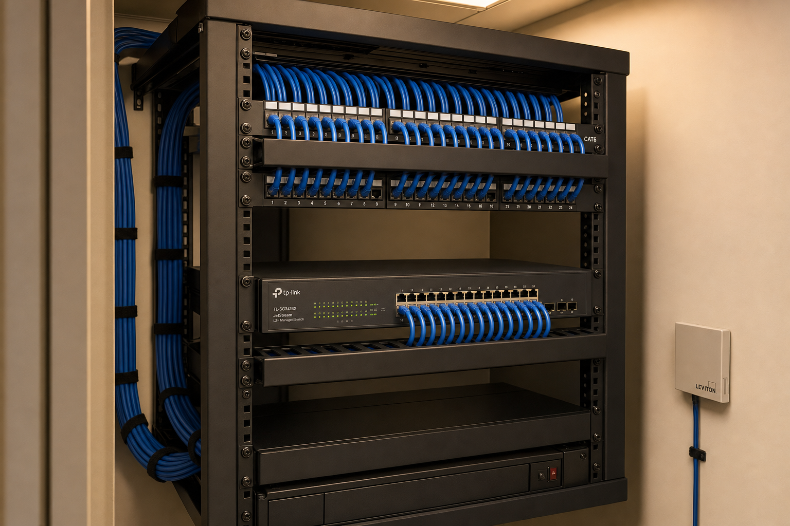 Structured cabling and managed switch in a Florida office network closet
