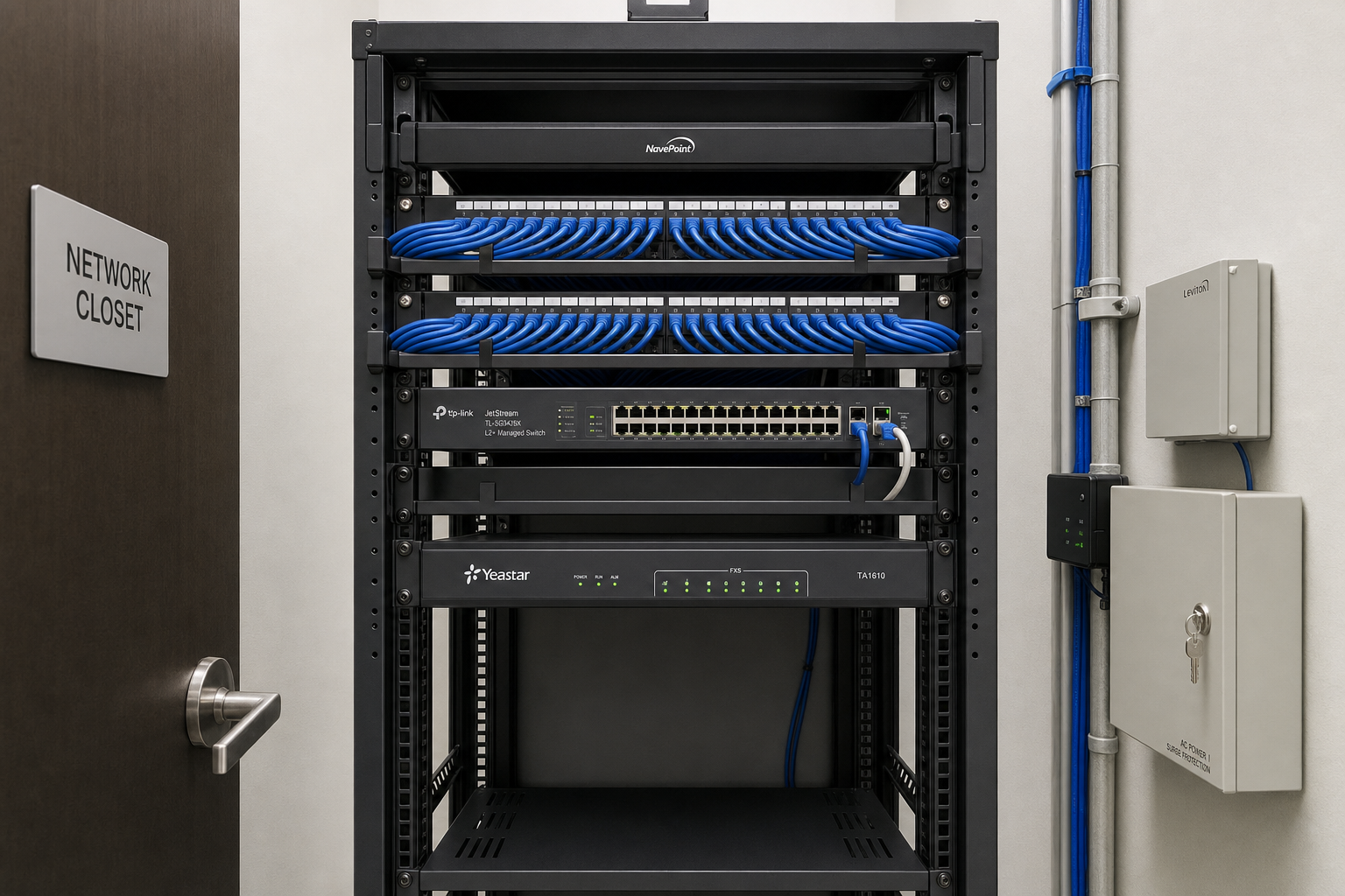 Organized network closet with patch panel and managed switch for a Florida business VoIP installation