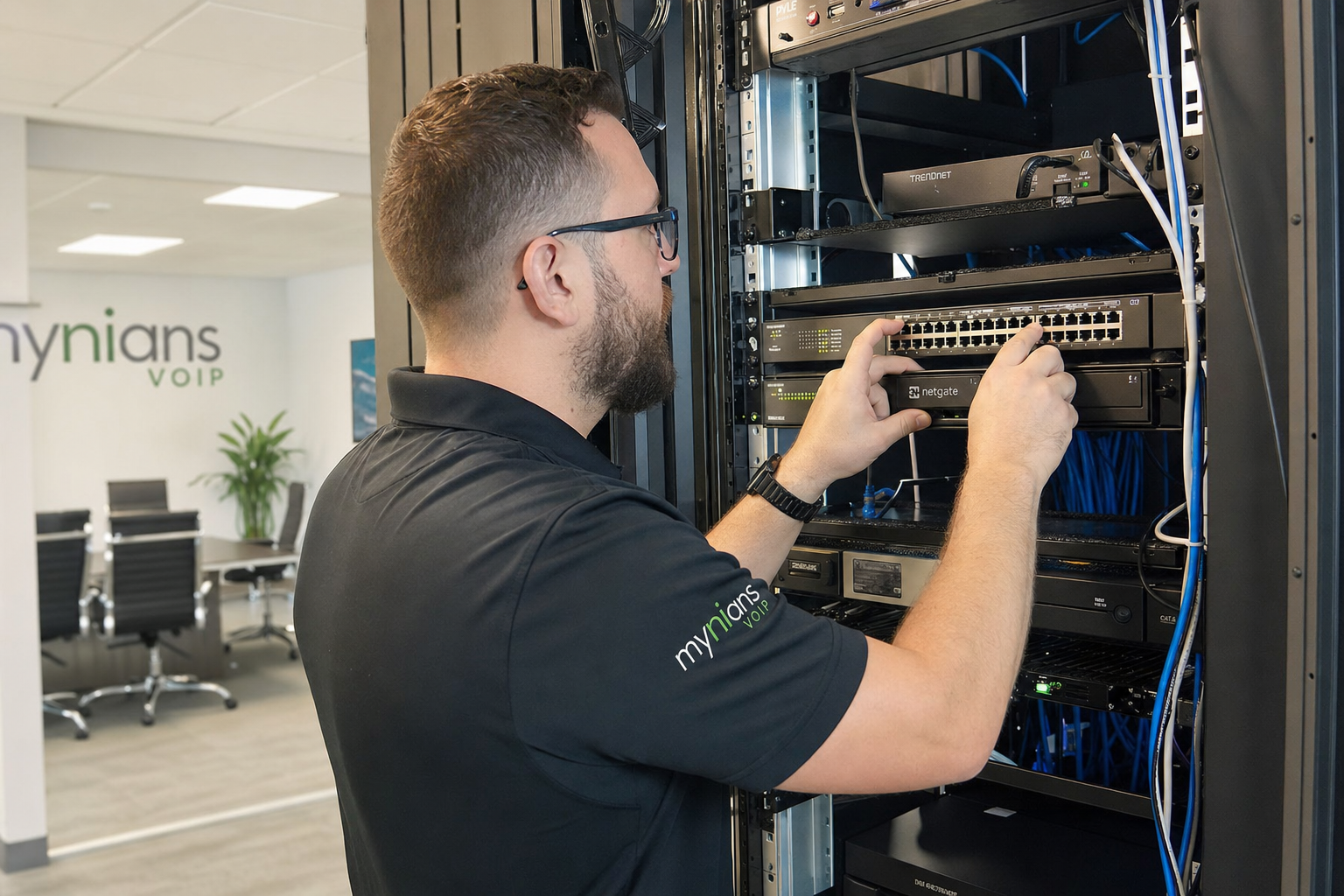 VoIP technician configuring a managed switch during a Florida business phone system installation
