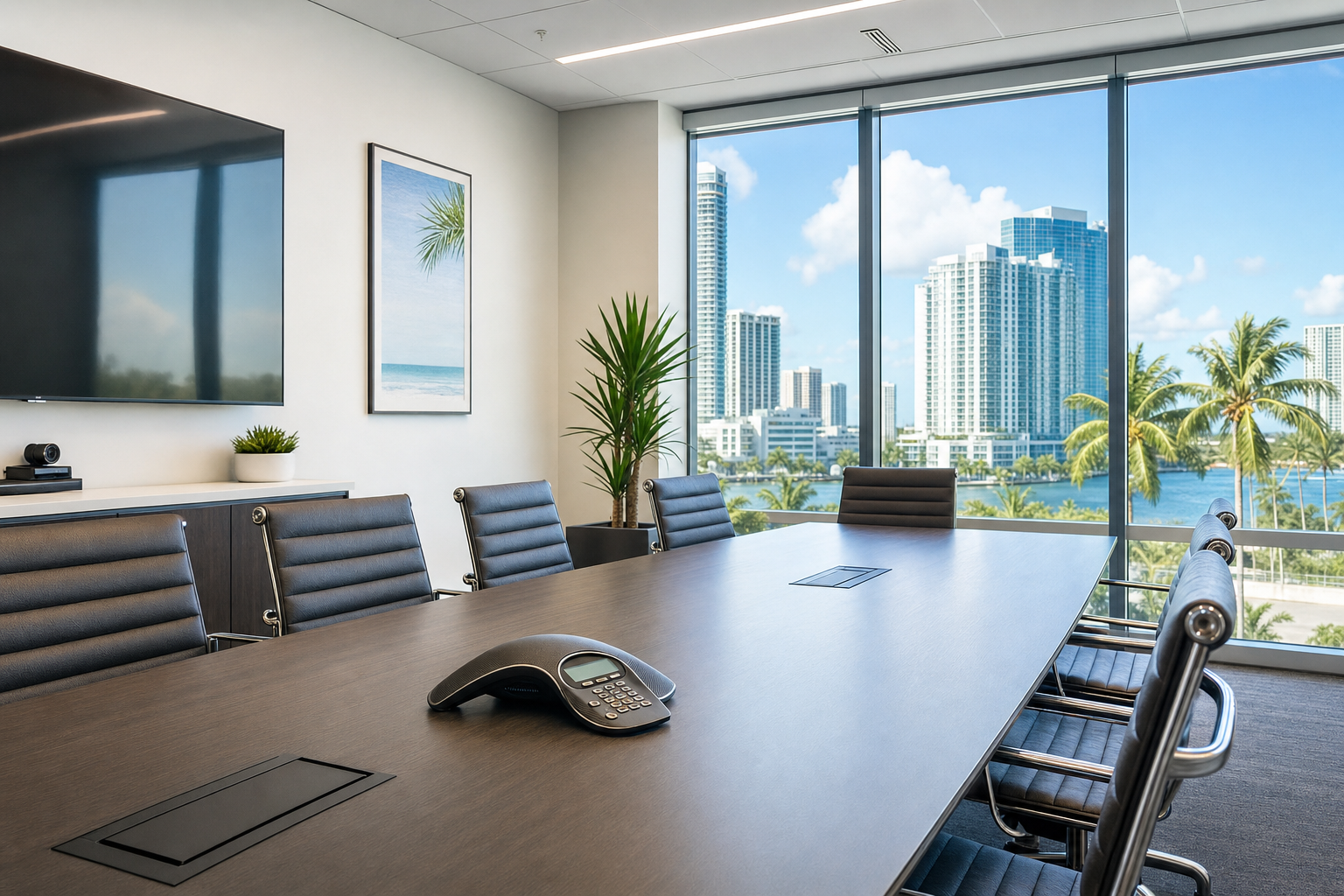 VoIP conference phone on a conference room table in a modern Florida business office
