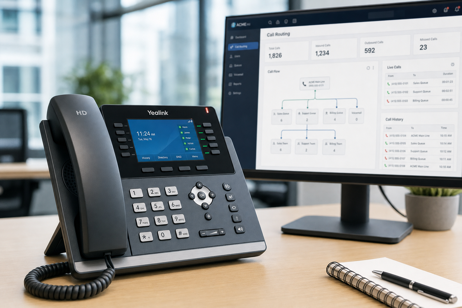 VoIP desk phone on an office desk with a call routing dashboard visible on a monitor